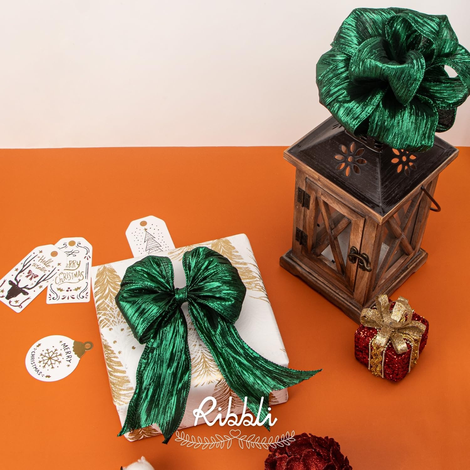 Ribbli Champagne Pink Crinkled Wired Ribbon with Metallic Edge, Pink Christmas Ribbon for Garland, Wreaths,Topper Bow,Swags, Christmas Tree Decoration 2-1/2 Inch x 10 Yard(Forest Green)