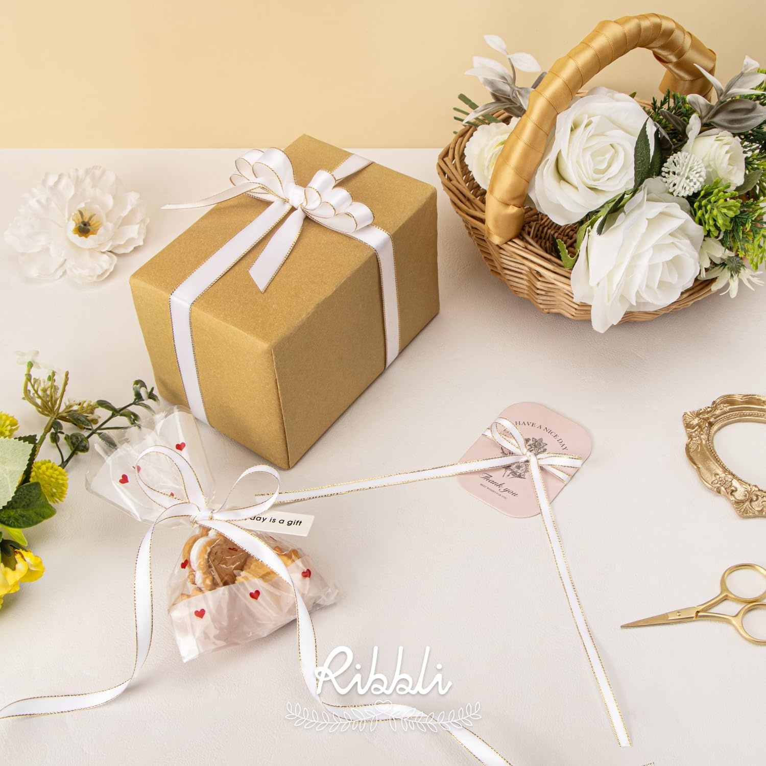 Ribbli Pearl Pink Satin Ribbon with Silver Edge,Double Faced Satin 3/8 inch x Continuous 50 Yards, Pearl Pink Ribbon Use for Crafts, Gift Wrapping, Wedding Card Decoration(White/Gold)