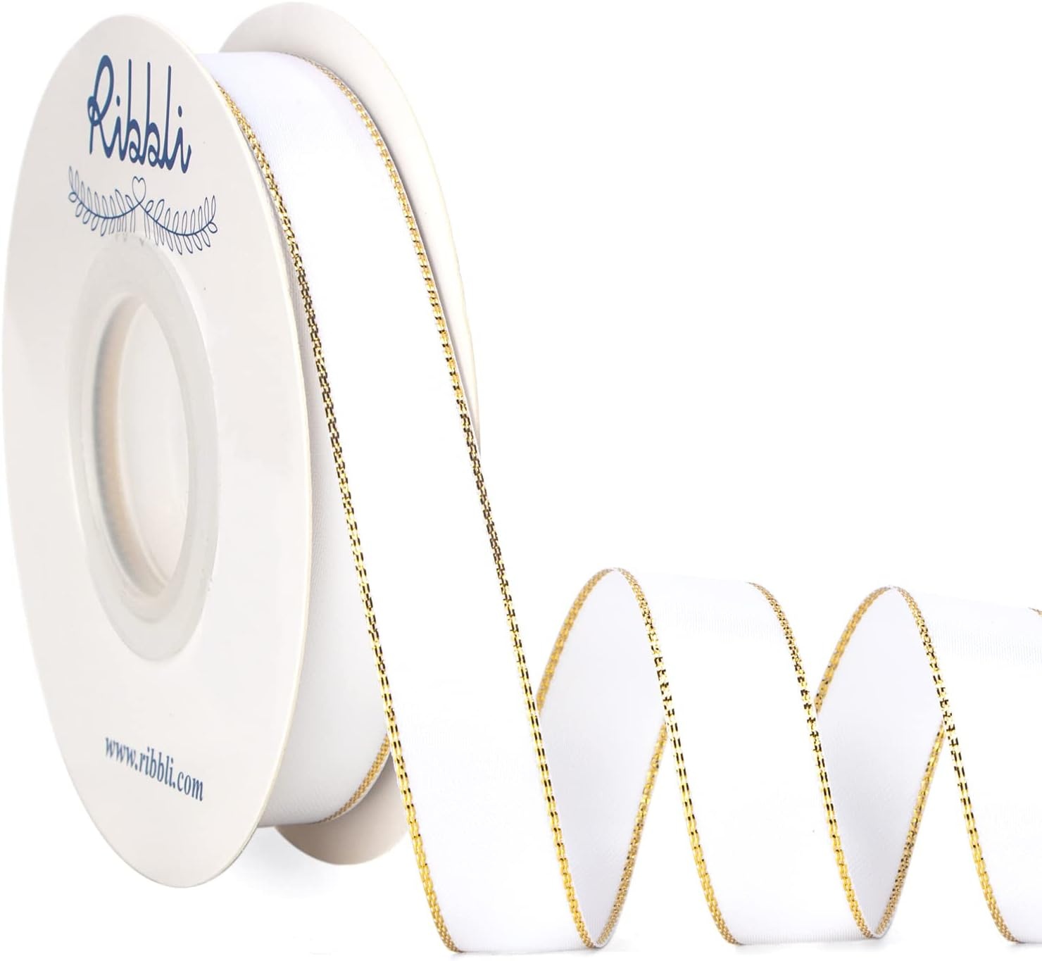 Ribbli Pearl Pink Satin Ribbon with Silver Edge,Double Faced Satin 3/8 inch x Continuous 50 Yards, Pearl Pink Ribbon Use for Crafts, Gift Wrapping, Wedding Card Decoration(White/Gold)