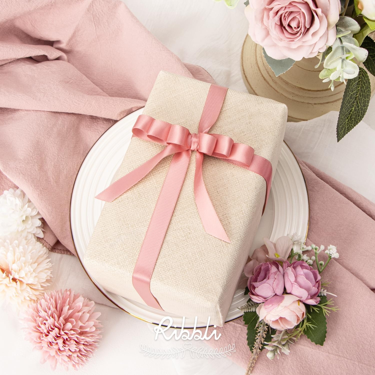 Ribbli Dusty Sage Satin Ribbon Double Faced Satin 1/2 inch x Continuous 50 Yards-Spring Moss Ribbon for Gift Wrapping Crafts Wedding Decoration Bows Bouquet Floral Arrangement(Rose Gold)