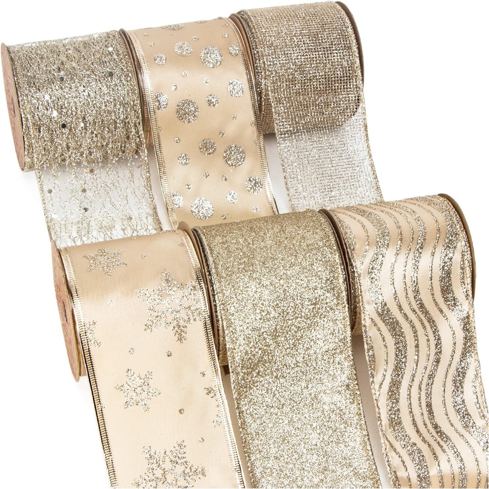 Ribbli Rose Gold Glitter Christmas Ribbon for Tree, Crafts, Gift Wrapping, Wreaths, Garland – 2.5 Inch x 6 Rolls, 36 Yards Total(Champagne Gold)