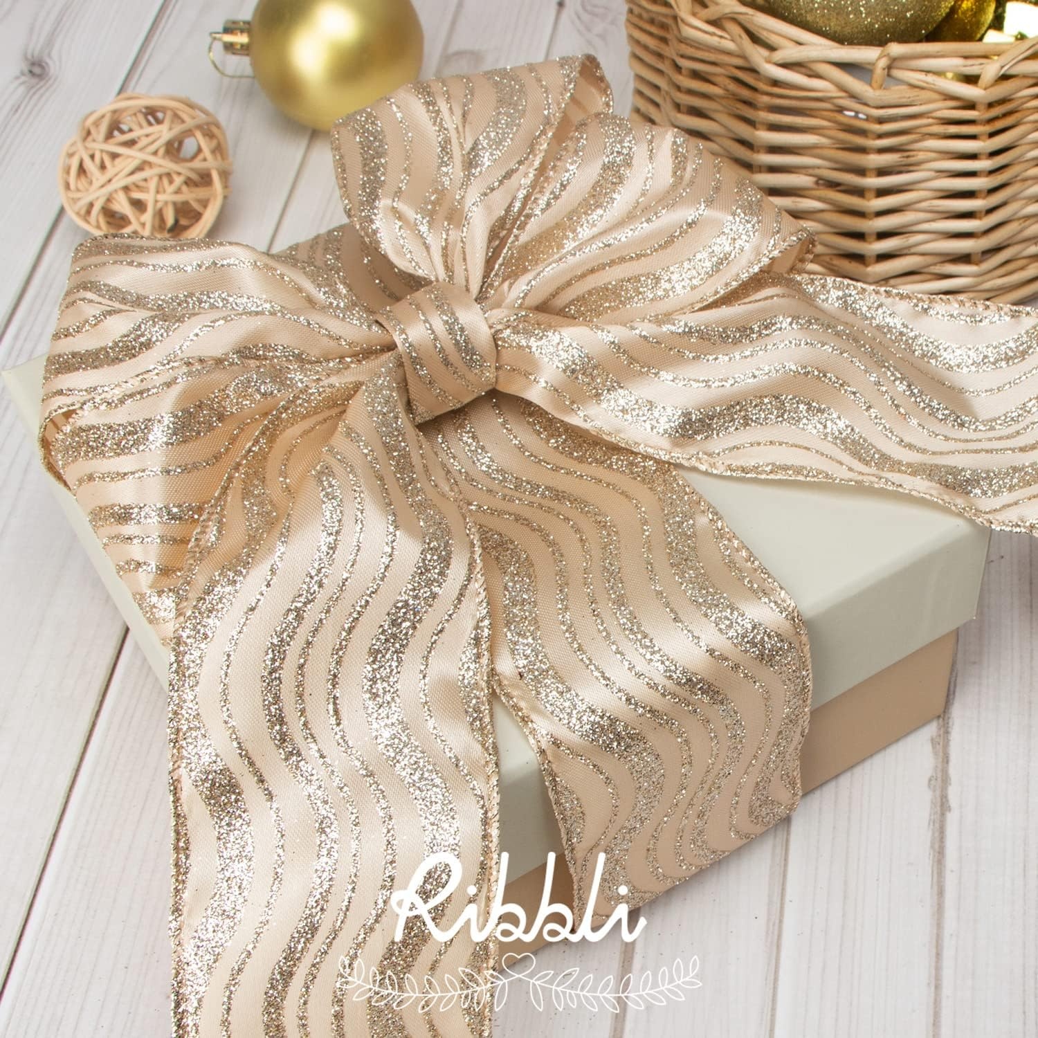 Ribbli Rose Gold Glitter Christmas Ribbon for Tree, Crafts, Gift Wrapping, Wreaths, Garland – 2.5 Inch x 6 Rolls, 36 Yards Total(Champagne Gold)