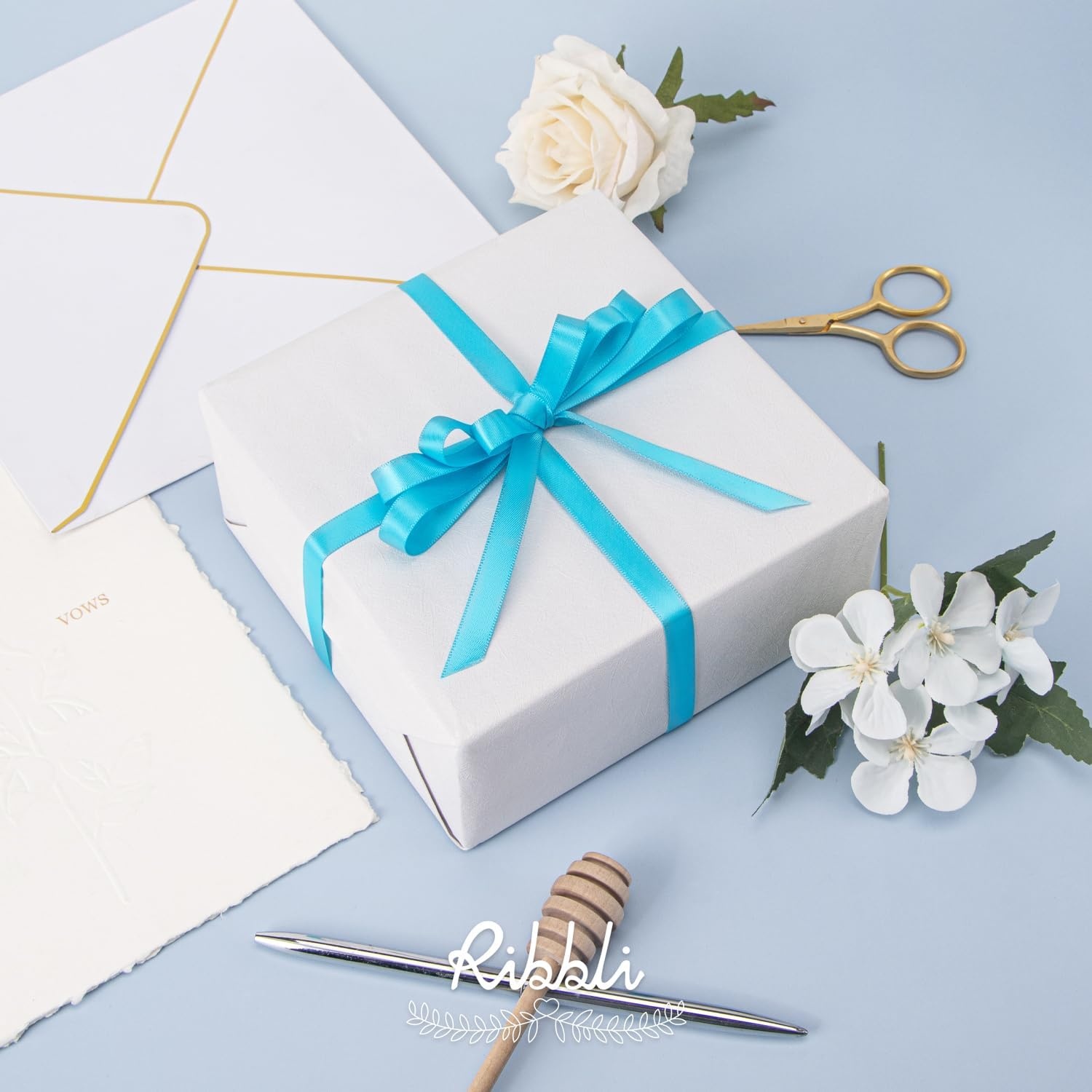 Ribbli Champagne Gold Satin Ribbon Double Faced Satin 3/8 Inch x Continuous 50 Yards-Champagne Ribbon for Gift Wrapping Crafts Wedding Decoration Bows Bouquet Floral Arrangement(Blue Turquoise)