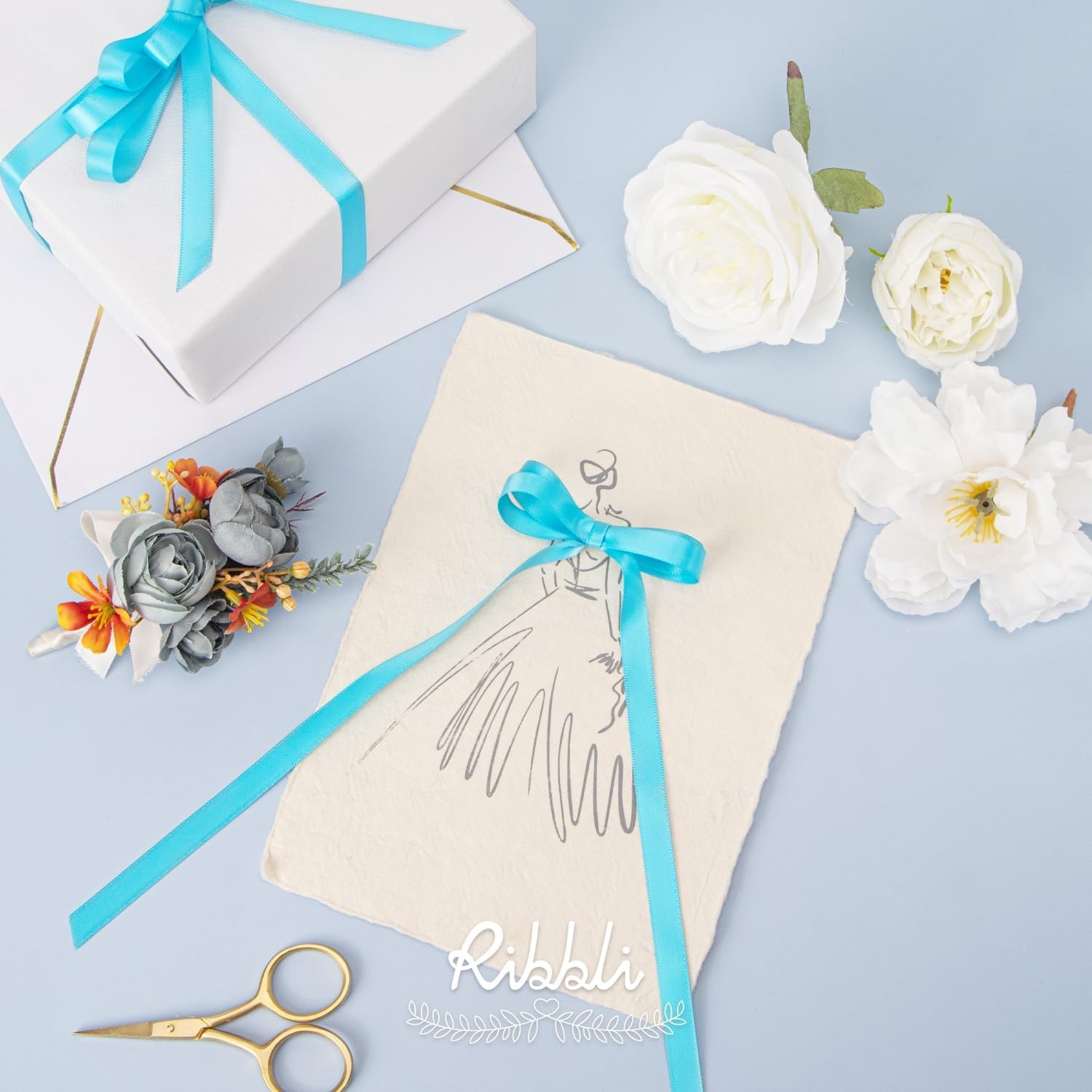 Ribbli Champagne Gold Satin Ribbon Double Faced Satin 3/8 Inch x Continuous 50 Yards-Champagne Ribbon for Gift Wrapping Crafts Wedding Decoration Bows Bouquet Floral Arrangement(Blue Turquoise)
