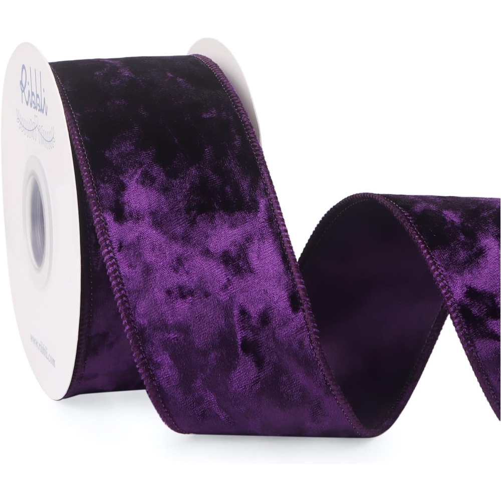 Ribbli Royal Blue Velvet Wired Ribbon 4 Inch Crushed Velvet Christmas Ribbon for Gift Wrapping Christmas Tree Decoration Crafts Wreaths Supplies-Continuous 10 Yards(Purple)