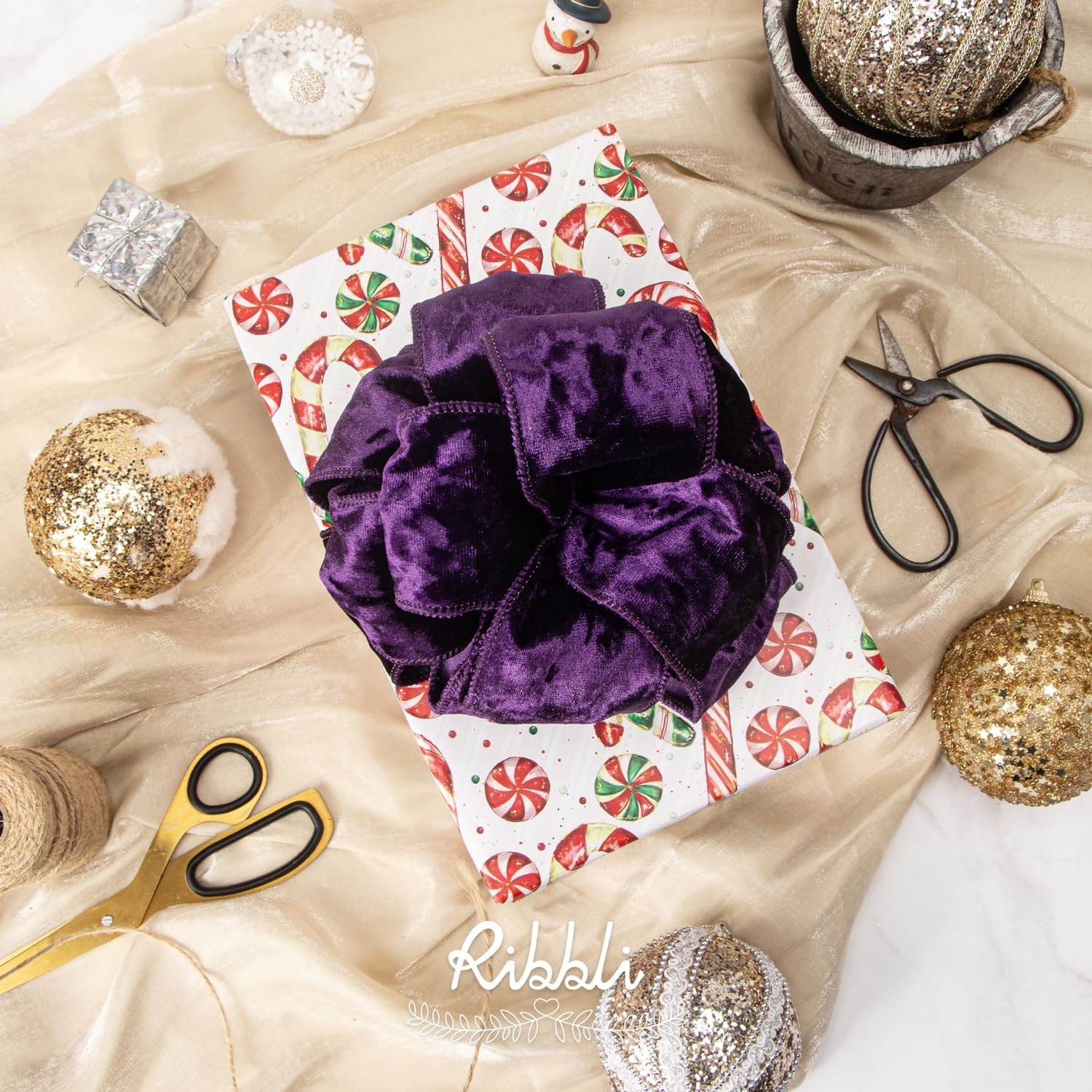 Ribbli Royal Blue Velvet Wired Ribbon 4 Inch Crushed Velvet Christmas Ribbon for Gift Wrapping Christmas Tree Decoration Crafts Wreaths Supplies-Continuous 10 Yards(Purple)