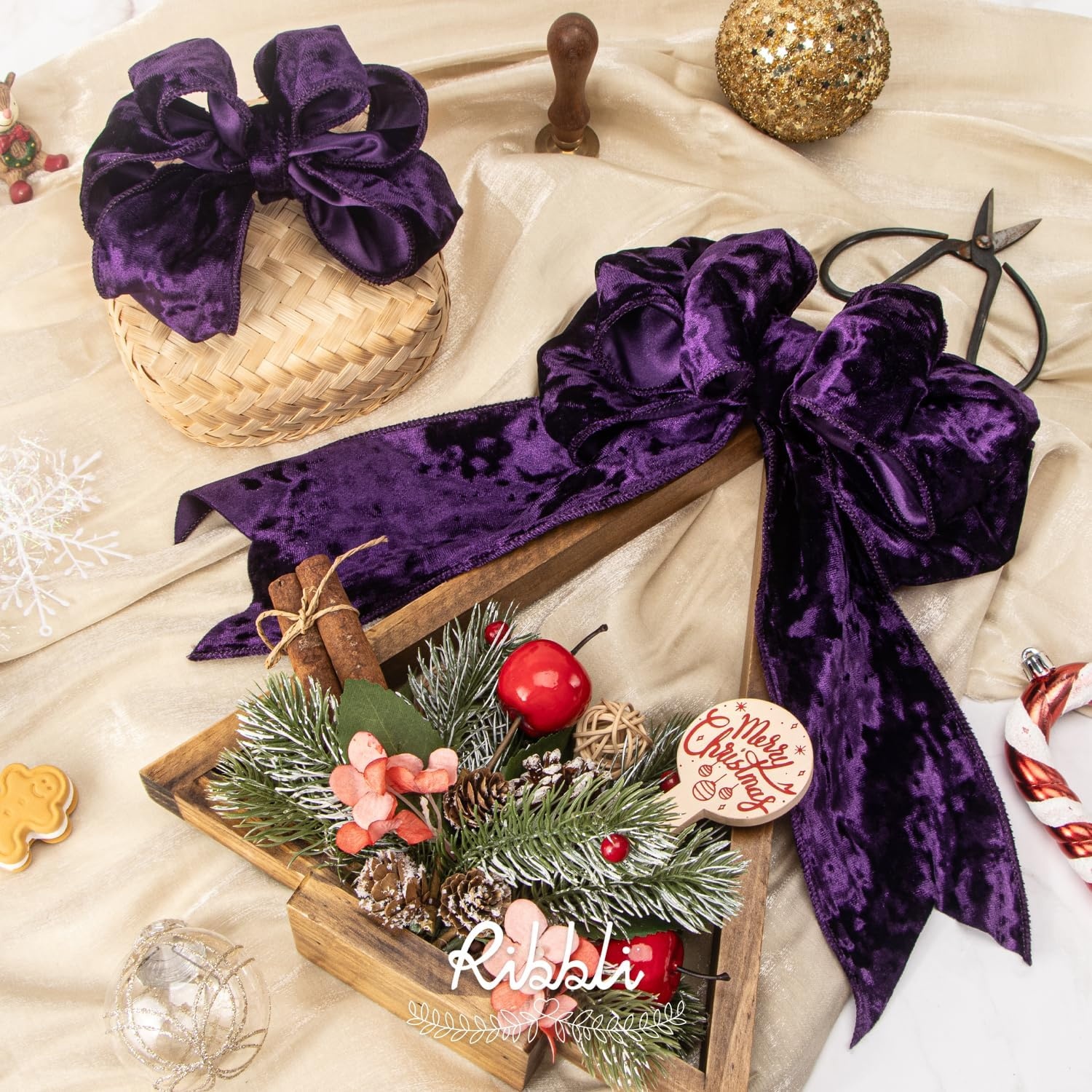 Ribbli Royal Blue Velvet Wired Ribbon 4 Inch Crushed Velvet Christmas Ribbon for Gift Wrapping Christmas Tree Decoration Crafts Wreaths Supplies-Continuous 10 Yards(Purple)