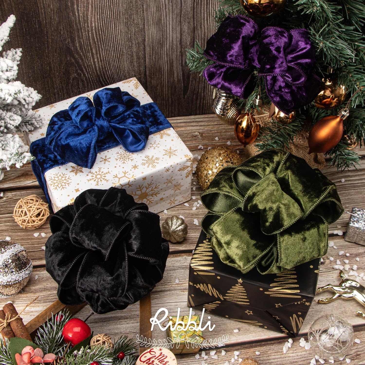 Ribbli Royal Blue Velvet Wired Ribbon 4 Inch Crushed Velvet Christmas Ribbon for Gift Wrapping Christmas Tree Decoration Crafts Wreaths Supplies-Continuous 10 Yards(Purple)