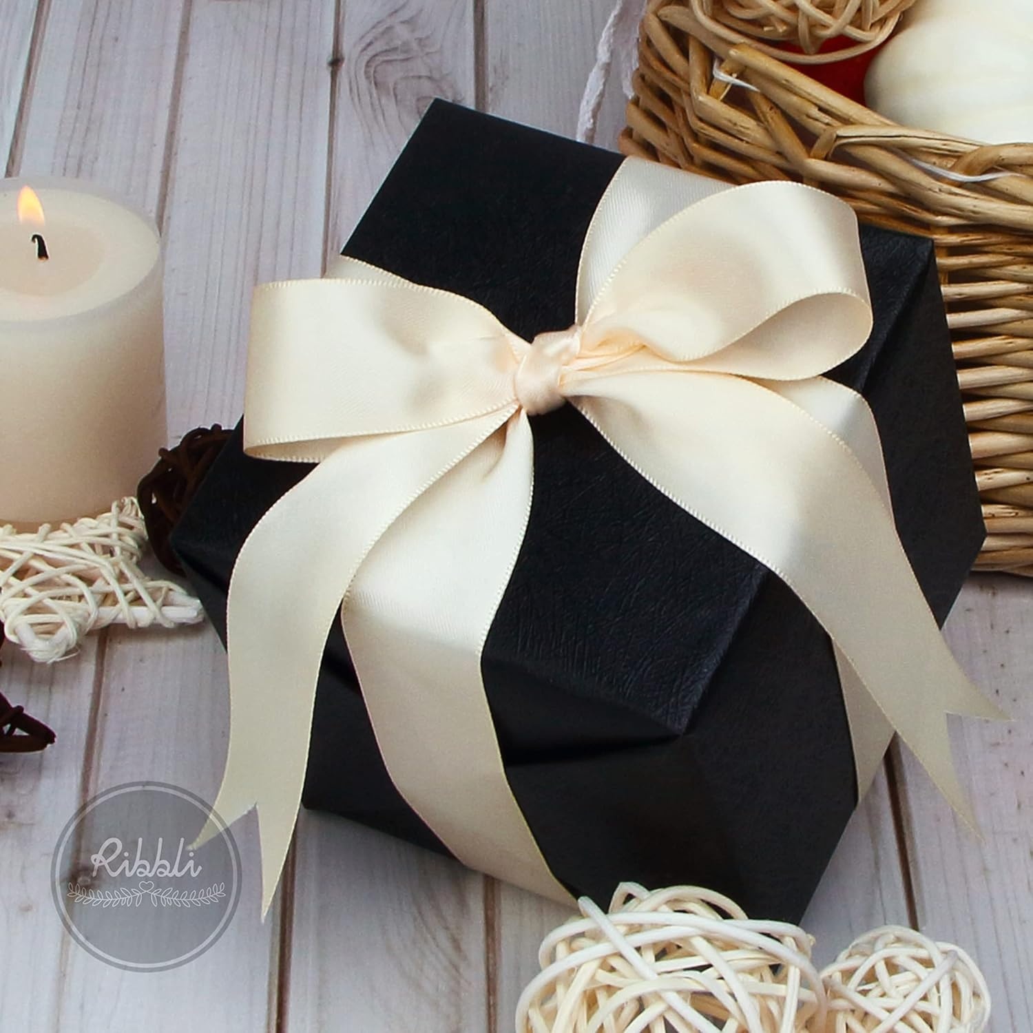 Ribbli Double Faced Rose Gold Satin Ribbon,3/8 x Continuous 25 Yards,Use for Bows Bouquet,Gift Wrapping,Floral Arrangement(Cream)