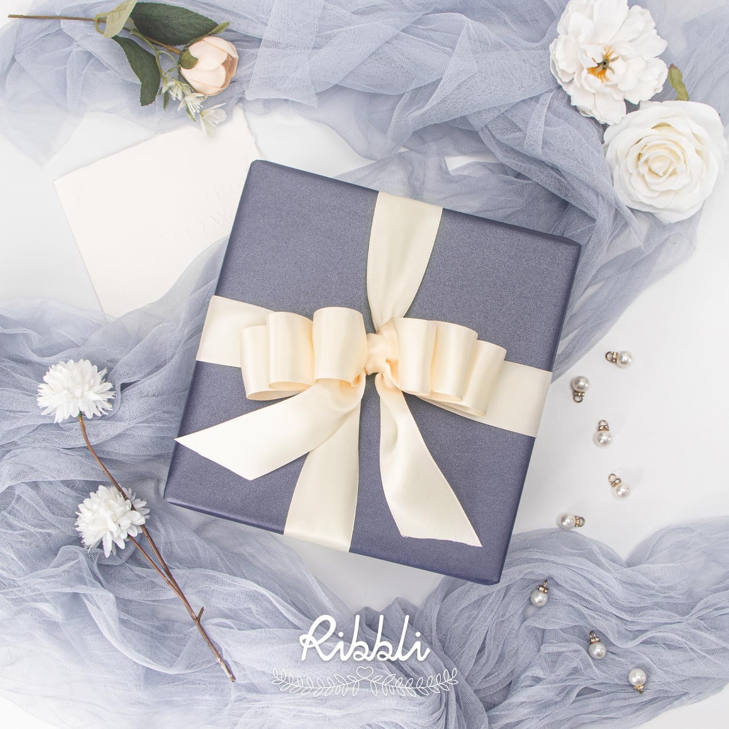 Ribbli Double Faced Rose Gold Satin Ribbon,3/8 x Continuous 25 Yards,Use for Bows Bouquet,Gift Wrapping,Floral Arrangement(Cream)