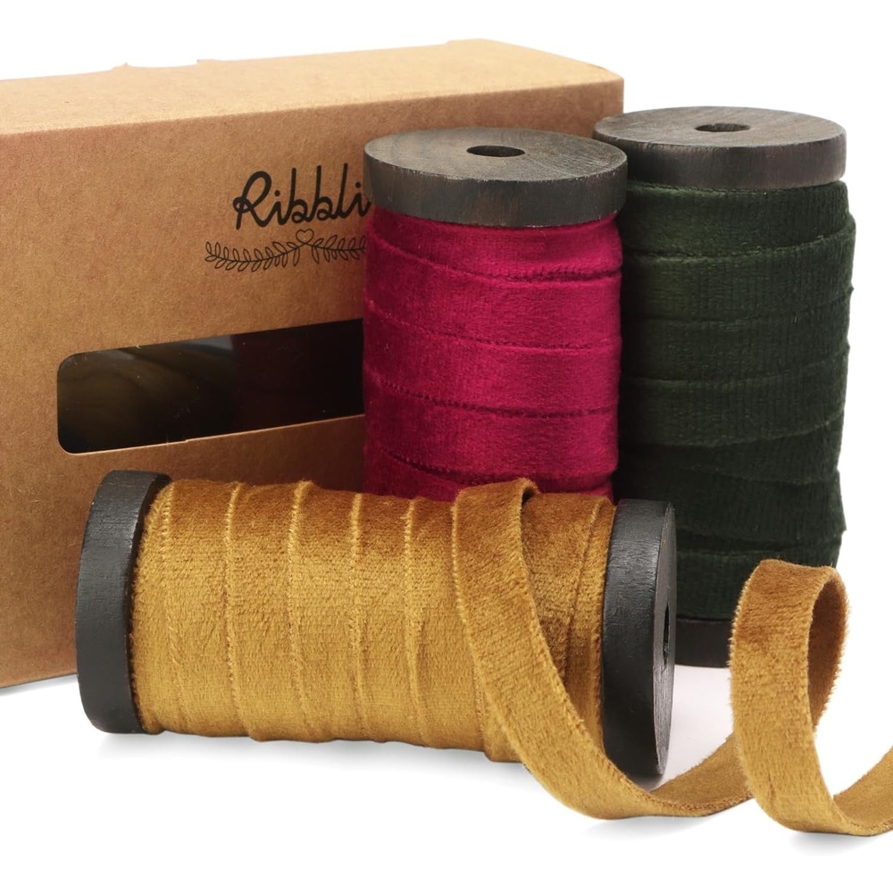 Ribbli Antique Gold Velvet Ribbon 3 Rolls Double Faced 3/8 Inch 18-Yard with Wooden Spool Use for Christmas Tree Ornaments Gift Wrapping Wreath Decoration Wedding Boutonnieres(Burgundy/Gold/Moss)