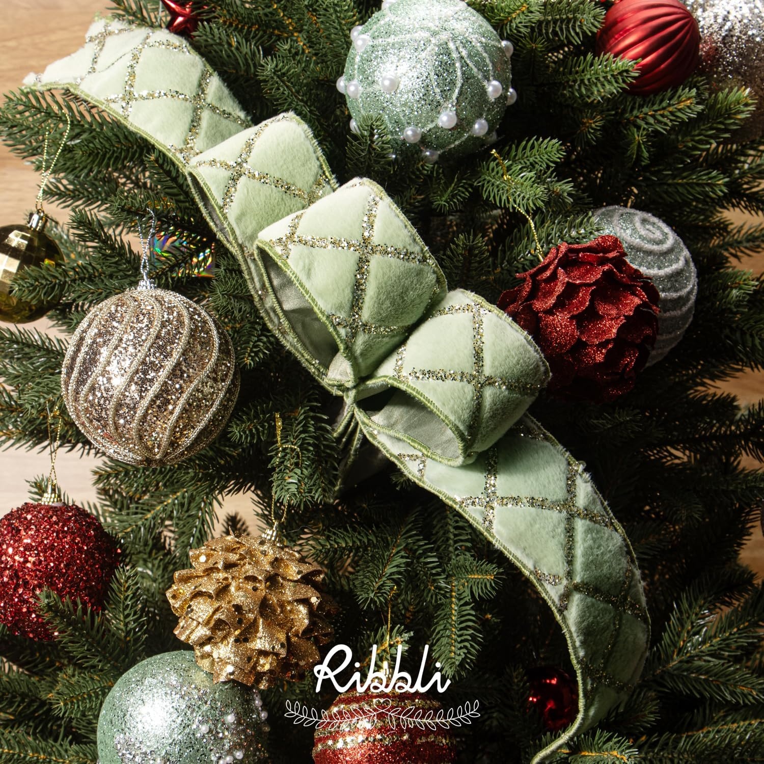 Ribbli White Fluffy Velvet Wired Ribbon with Champagne Gold Foil 4 Inch Christmas Ribbon for Gift Wrapping Topper Bow Christmas Tree Decoration Crafts Wreaths Supplies-Continuous 10 Yards(Sage Green)
