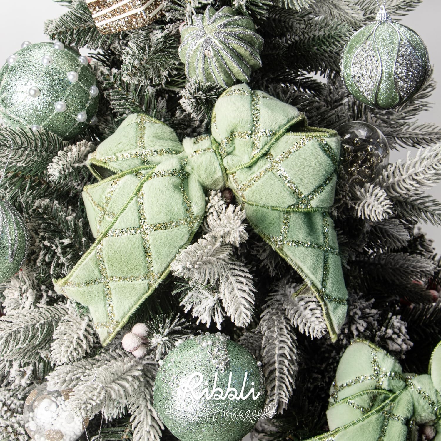 Ribbli White Fluffy Velvet Wired Ribbon with Champagne Gold Foil 4 Inch Christmas Ribbon for Gift Wrapping Topper Bow Christmas Tree Decoration Crafts Wreaths Supplies-Continuous 10 Yards(Sage Green)