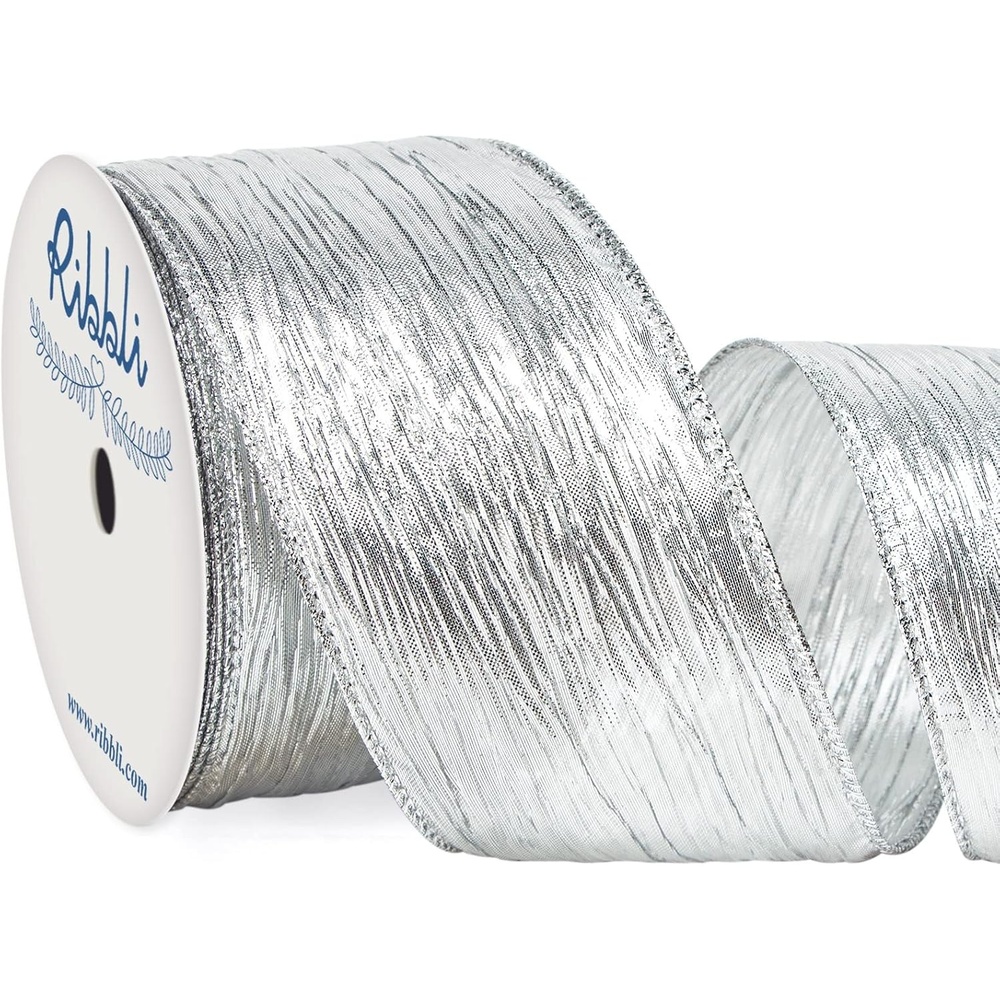 Ribbli Champagne Pink Crinkled Wired Ribbon with Metallic Edge, Pink Christmas Ribbon for Garland, Wreaths,Topper Bow,Swags, Christmas Tree Decoration 2-1/2 Inch x 10 Yard(Silver)