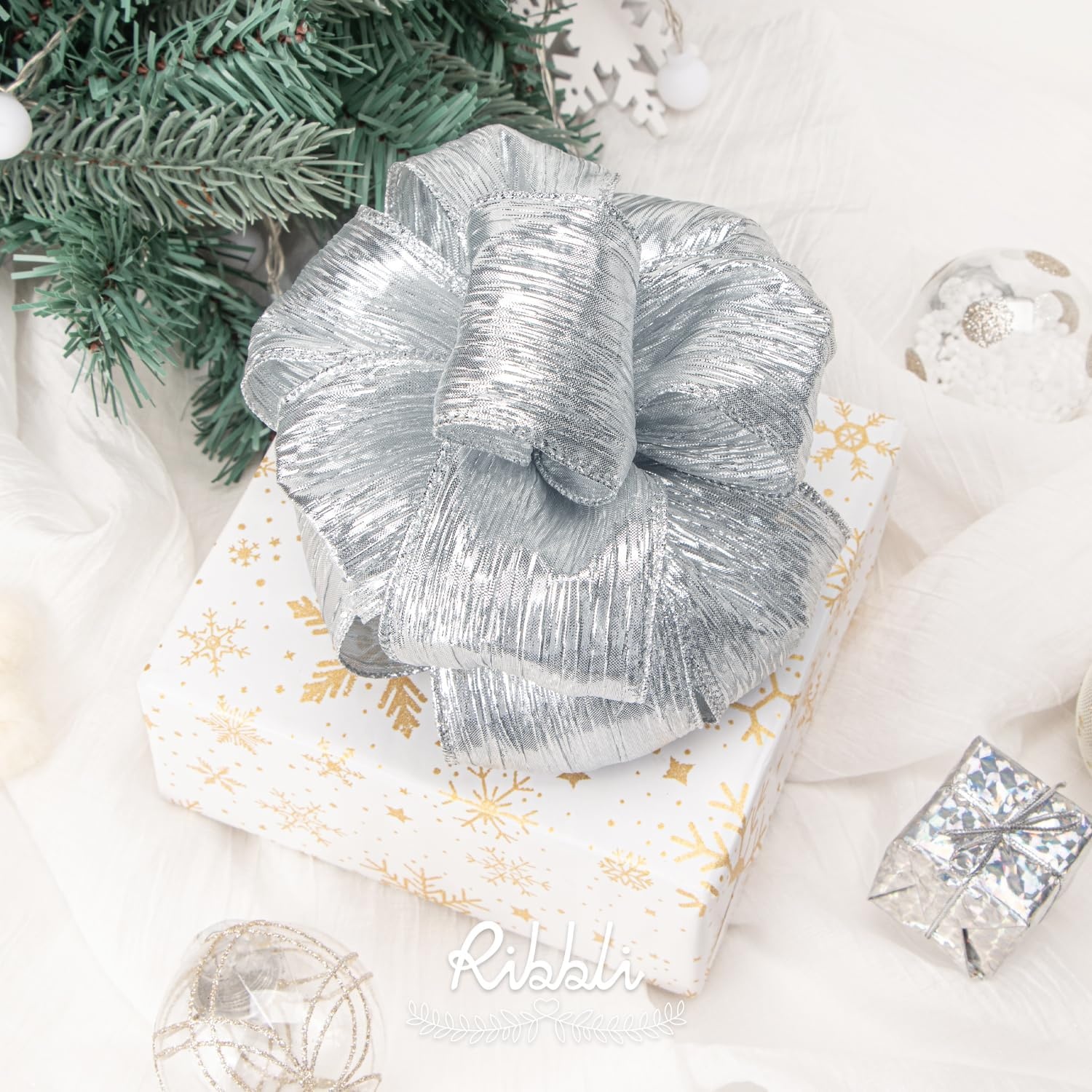 Ribbli Champagne Pink Crinkled Wired Ribbon with Metallic Edge, Pink Christmas Ribbon for Garland, Wreaths,Topper Bow,Swags, Christmas Tree Decoration 2-1/2 Inch x 10 Yard(Silver)