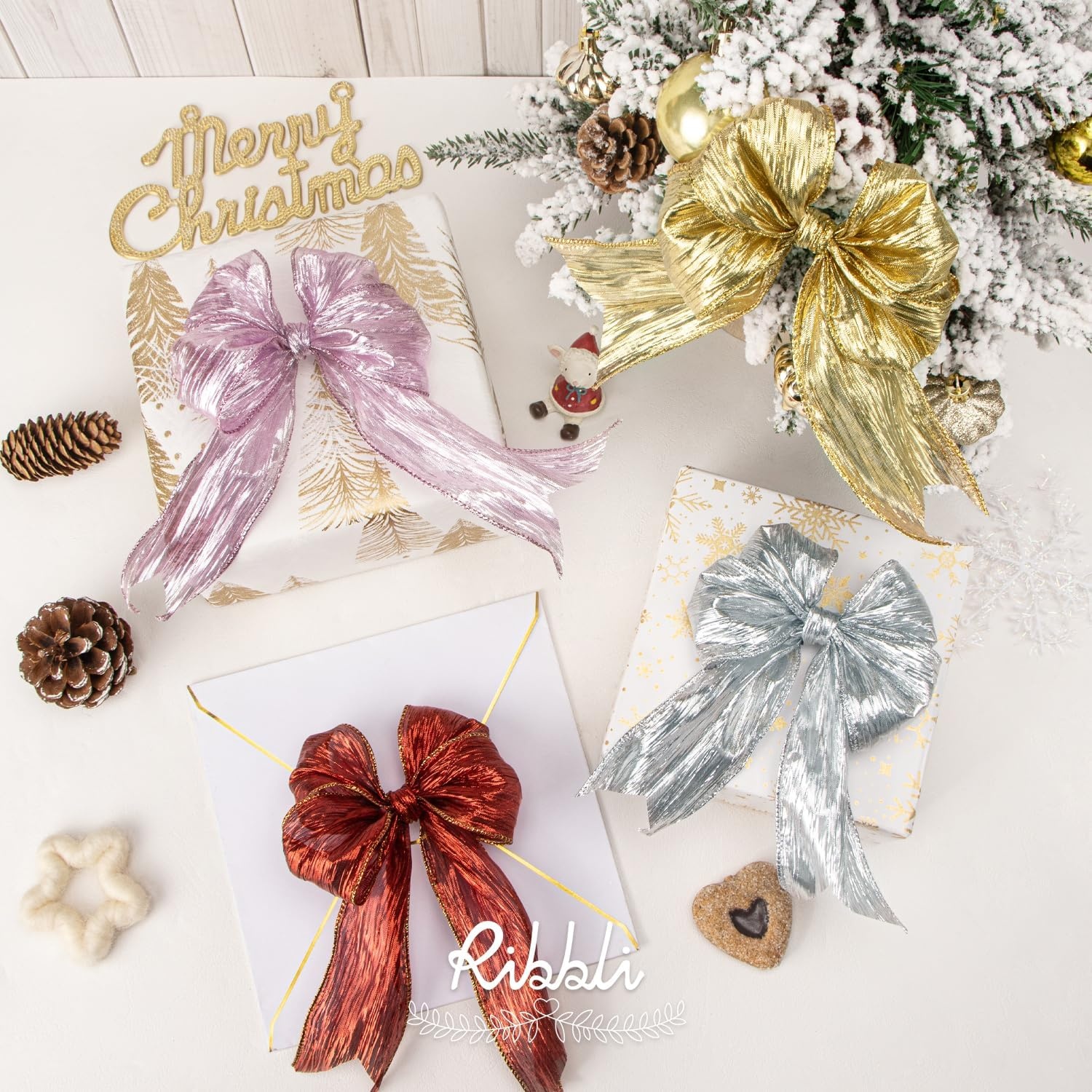 Ribbli Champagne Pink Crinkled Wired Ribbon with Metallic Edge, Pink Christmas Ribbon for Garland, Wreaths,Topper Bow,Swags, Christmas Tree Decoration 2-1/2 Inch x 10 Yard(Silver)