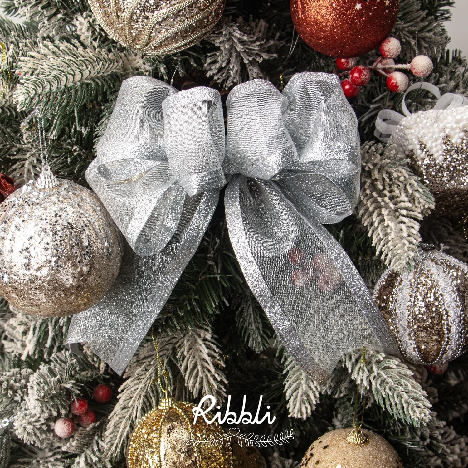 Ribbli Red Christmas Wired Ribbon, Metallic Wired Ribbon with Glitter Edge 2-1/2 Inch x 10 Yard for Christmas Tree Decoration, Gift Wrapping, Wreaths Supplies, Swag, Holiday Decor(Silver)