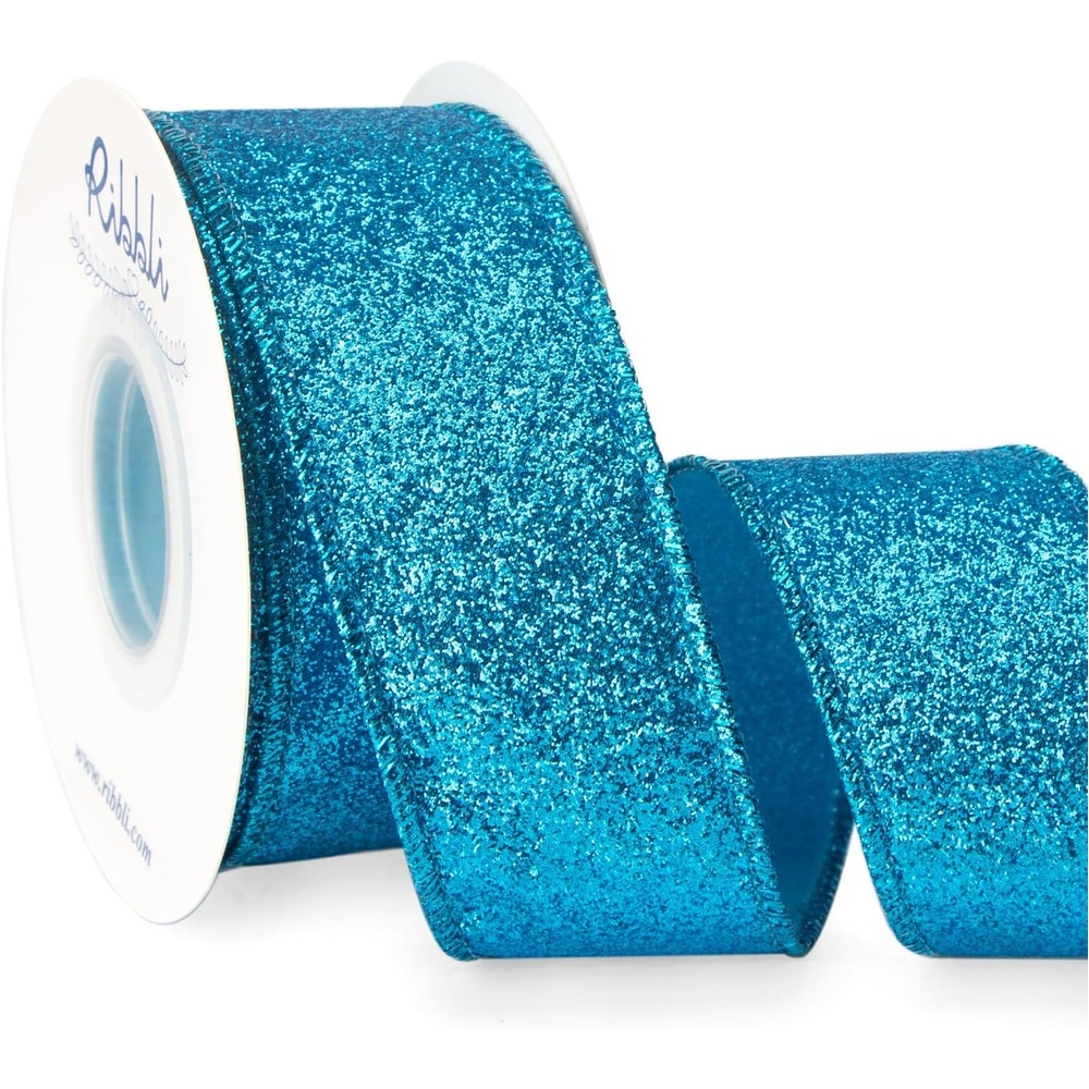 Ribbli Turquoise Blue Glitter Wired Ribbon,Turquoise with Metallic Edge,Christmas Ribbon for Wreath, Christmas Tree Decoration, Gift Wrapping,Home Decor, 2-1/2 Inch x 10 Yards(Turquoise Blue)
