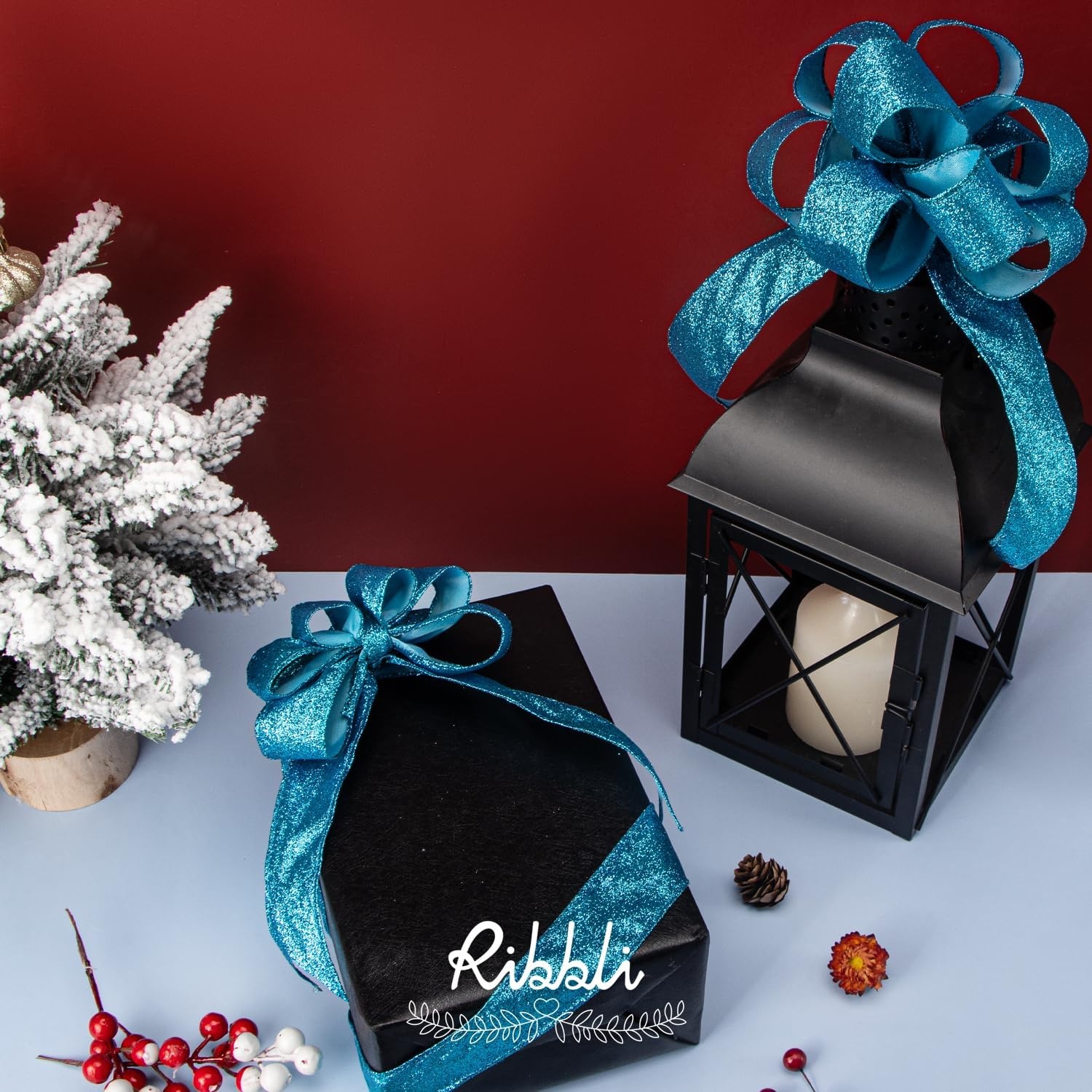 Ribbli Turquoise Blue Glitter Wired Ribbon,Turquoise with Metallic Edge,Christmas Ribbon for Wreath, Christmas Tree Decoration, Gift Wrapping,Home Decor, 2-1/2 Inch x 10 Yards(Turquoise Blue)