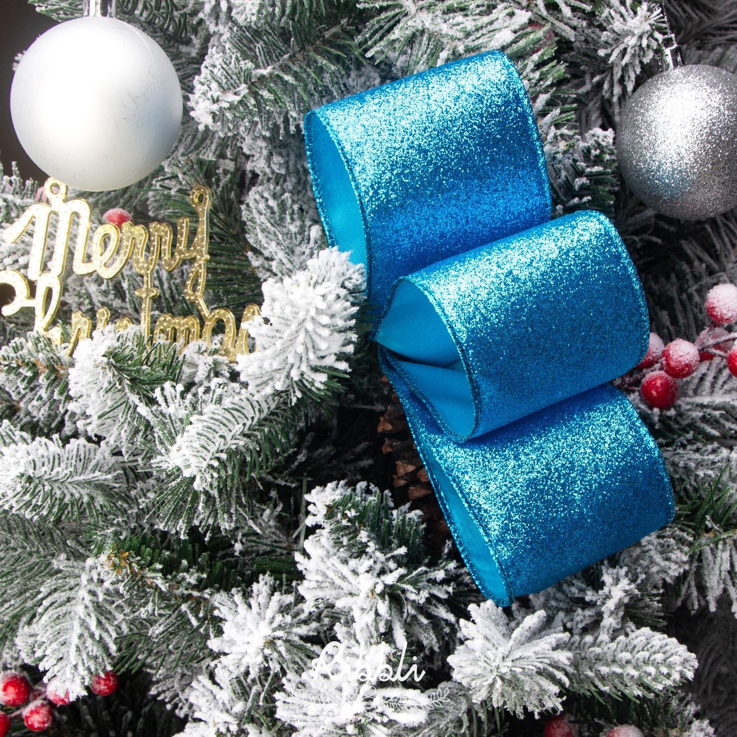 Ribbli Turquoise Blue Glitter Wired Ribbon,Turquoise with Metallic Edge,Christmas Ribbon for Wreath, Christmas Tree Decoration, Gift Wrapping,Home Decor, 2-1/2 Inch x 10 Yards(Turquoise Blue)