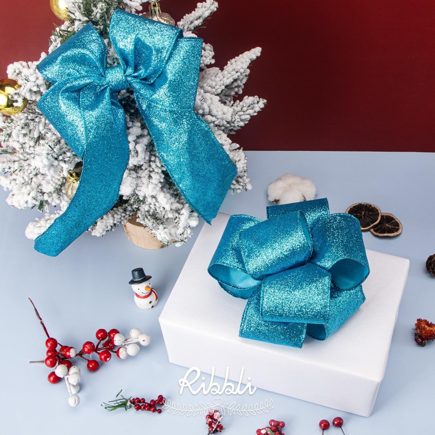 Ribbli Turquoise Blue Glitter Wired Ribbon,Turquoise with Metallic Edge,Christmas Ribbon for Wreath, Christmas Tree Decoration, Gift Wrapping,Home Decor, 2-1/2 Inch x 10 Yards(Turquoise Blue)