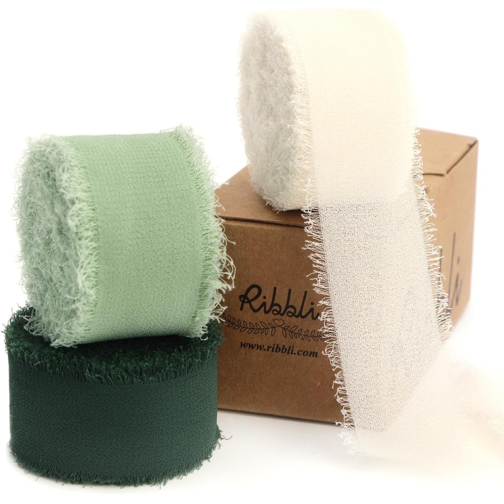 Ribbli Creamy Sage Ribbon 1 Inch x 3 Rolls Total 24 Yards Light Green Handmade Fringe Chiffon Silk Ribbon for Wrapping Wedding Invitations Bridal Bouquets DIY Crafts Home Decor(Ivory/Sage/Forest Green)