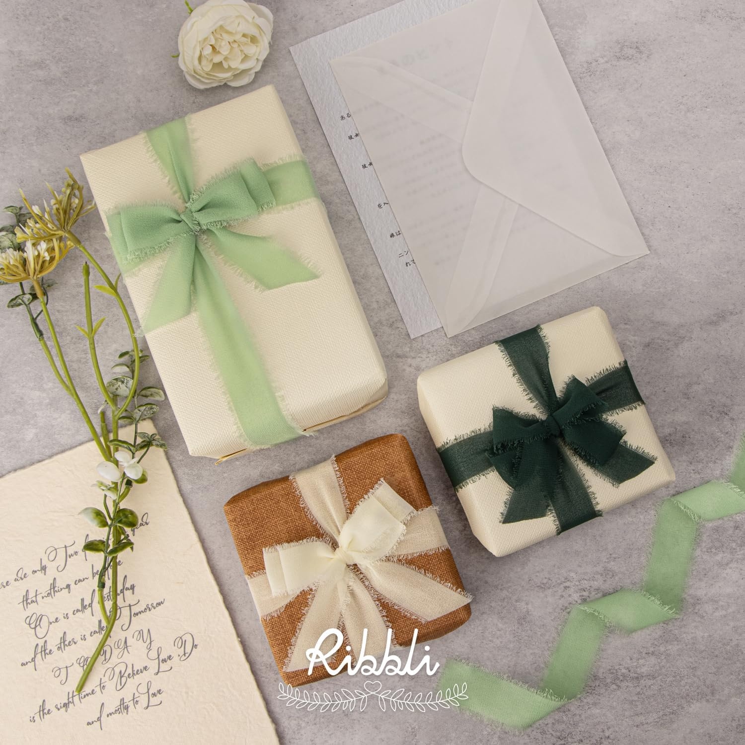 Ribbli Creamy Sage Ribbon 1 Inch x 3 Rolls Total 24 Yards Light Green Handmade Fringe Chiffon Silk Ribbon for Wrapping Wedding Invitations Bridal Bouquets DIY Crafts Home Decor(Ivory/Sage/Forest Green)