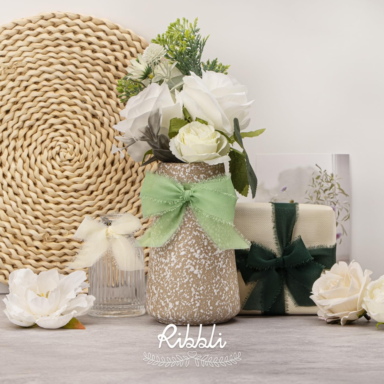 Ribbli Creamy Sage Ribbon 1 Inch x 3 Rolls Total 24 Yards Light Green Handmade Fringe Chiffon Silk Ribbon for Wrapping Wedding Invitations Bridal Bouquets DIY Crafts Home Decor(Ivory/Sage/Forest Green)