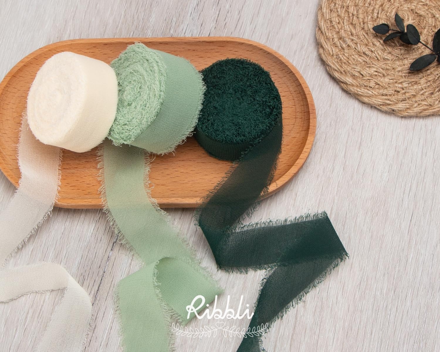 Ribbli Creamy Sage Ribbon 1 Inch x 3 Rolls Total 24 Yards Light Green Handmade Fringe Chiffon Silk Ribbon for Wrapping Wedding Invitations Bridal Bouquets DIY Crafts Home Decor(Ivory/Sage/Forest Green)