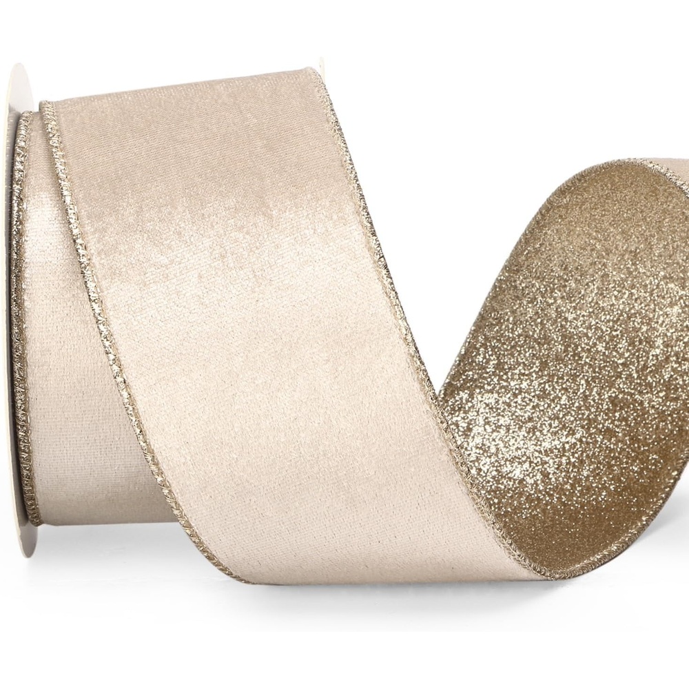 Ribbli Light Champagne Velvet Wired Ribbon 4 Inch Ivory Velvet with Champagne Glitter Christmas Ribbon for Christmas Tree Decoration Big Bow Gift Wrapping Crafts Wreaths Supplies- 10 Yards(Light Champagne)