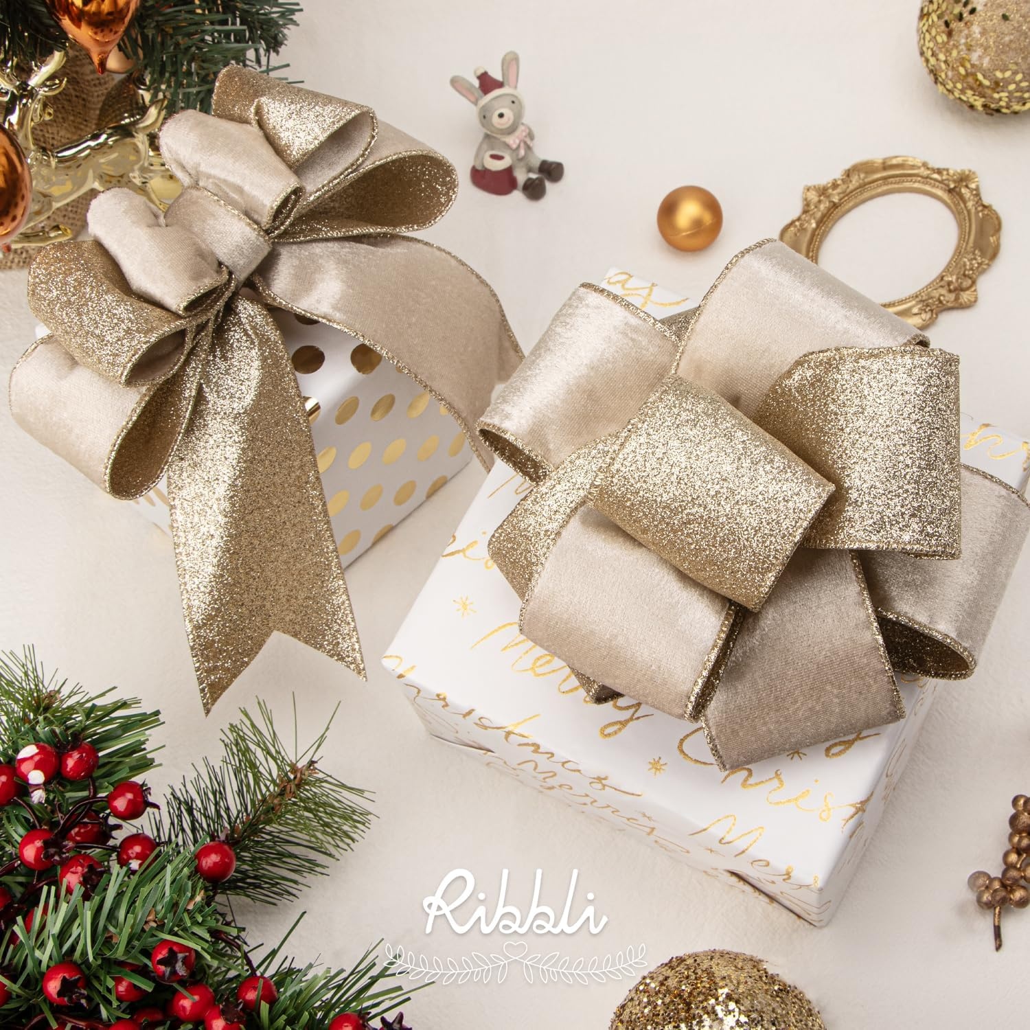 Ribbli Light Champagne Velvet Wired Ribbon 4 Inch Ivory Velvet with Champagne Glitter Christmas Ribbon for Christmas Tree Decoration Big Bow Gift Wrapping Crafts Wreaths Supplies- 10 Yards(Light Champagne)