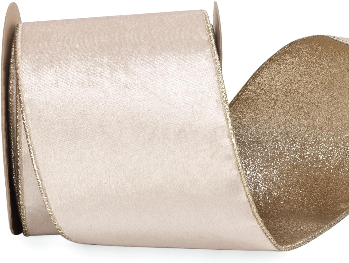 Ribbli Light Champagne Velvet Wired Ribbon 4 Inch Ivory Velvet with Champagne Glitter Christmas Ribbon for Christmas Tree Decoration Big Bow Gift Wrapping Crafts Wreaths Supplies- 10 Yards(Light Champagne)