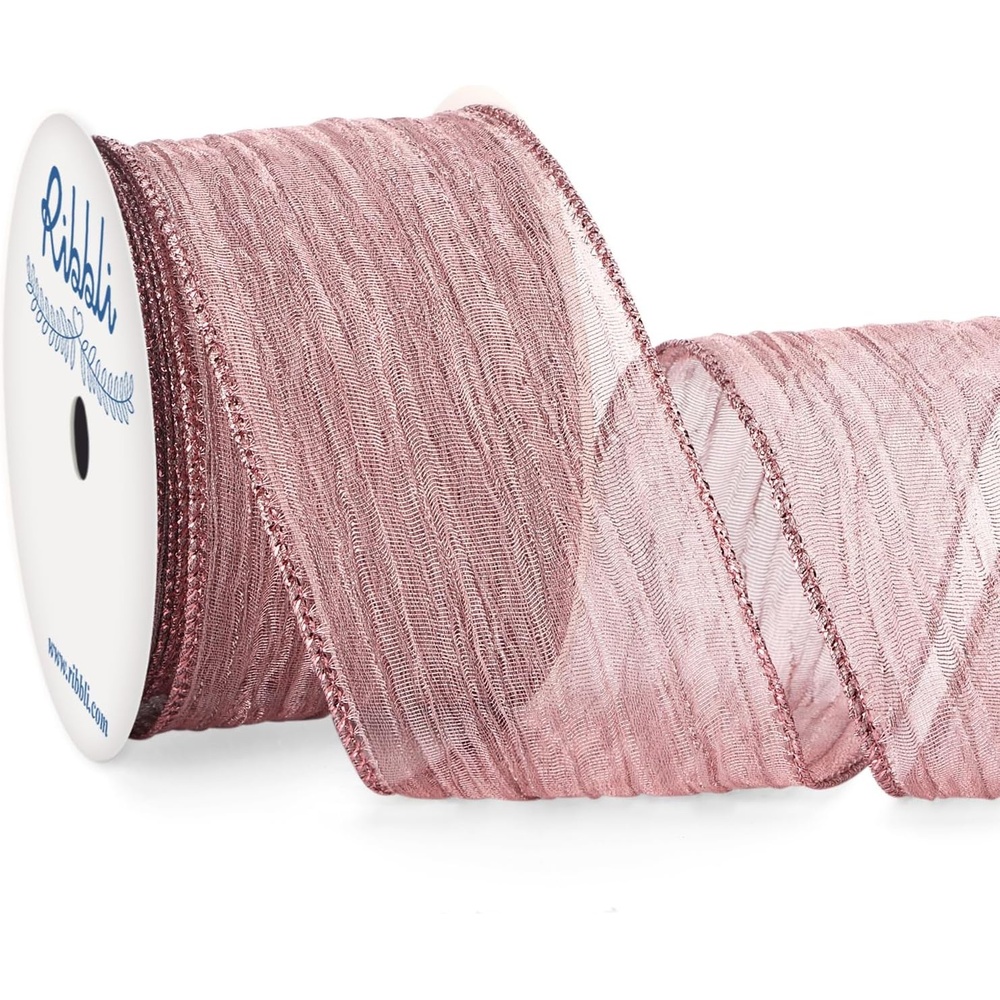 Ribbli Dusty Blue Crinkled Wired Ribbon 2.5 Inch with Metallic Wavy Christmas Ribbon for Cristmas Tree Topper Bow Wreaths Swags Gift Wrapping Wedding Decoration-Countinuous 10 Yard(Dusty Rose)