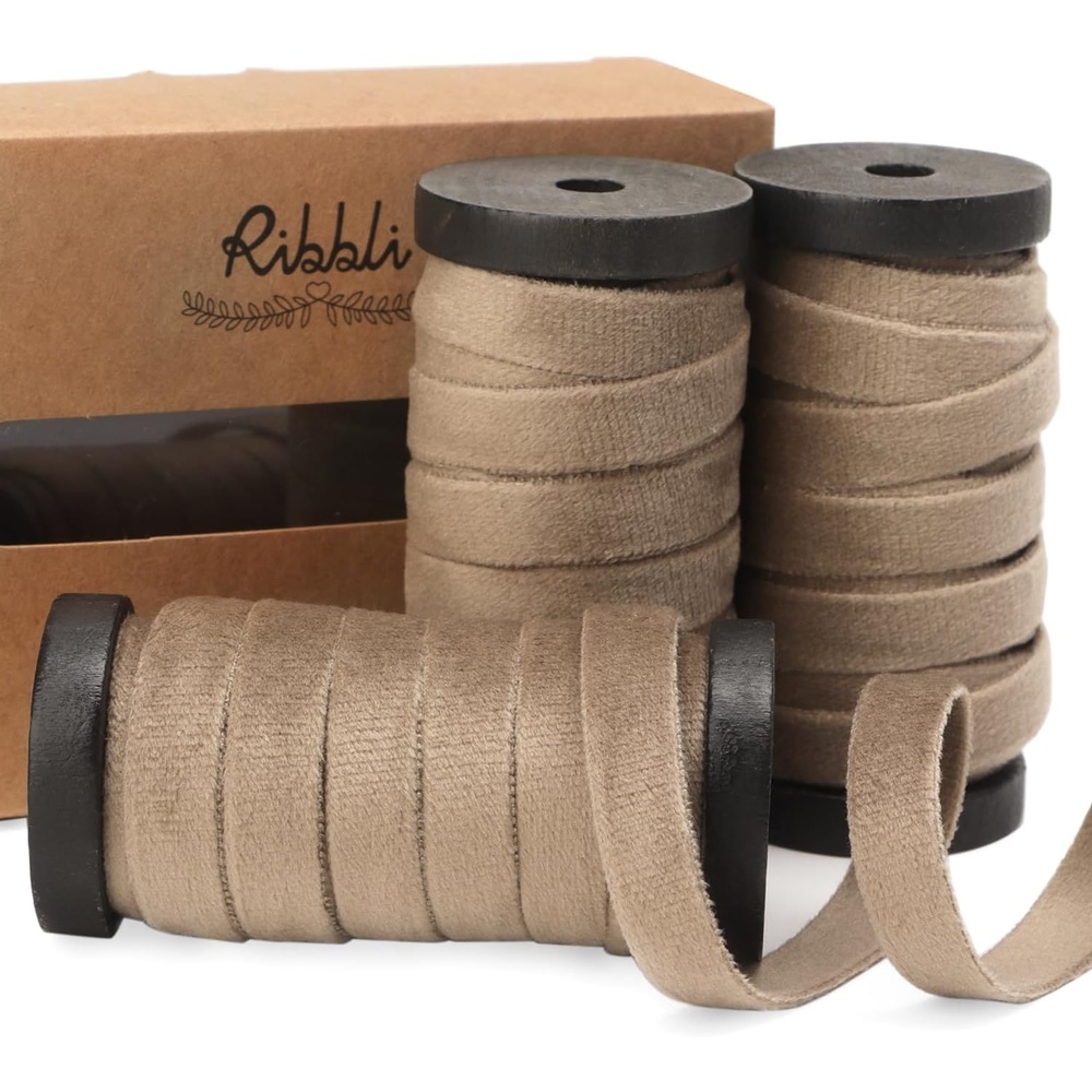 Ribbli Antique Gold Velvet Ribbon 3 Rolls Double Faced 3/8 Inch 18-Yard with Wooden Spool Use for Christmas Tree Ornaments Gift Wrapping Wreath Decoration Wedding Boutonnieres(Camel)