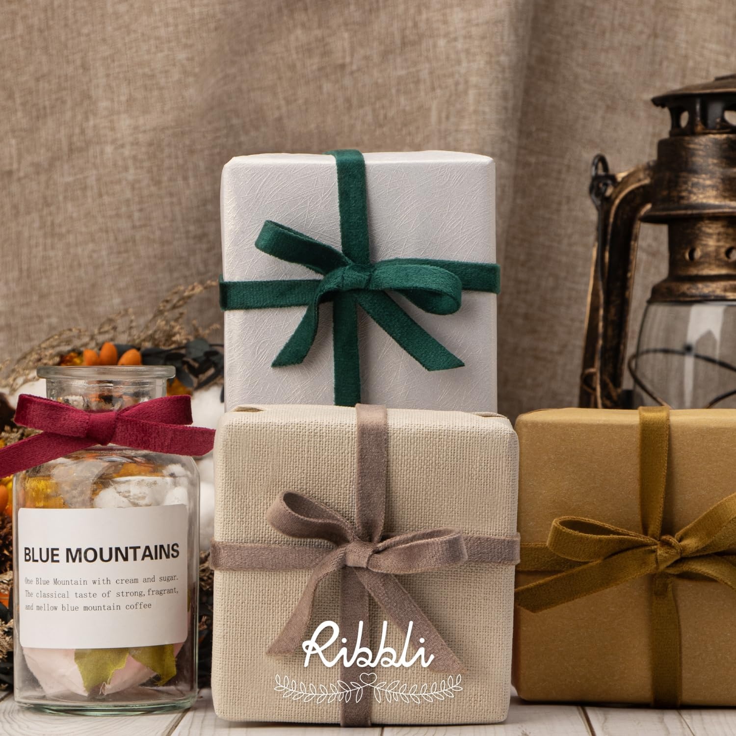 Ribbli Antique Gold Velvet Ribbon 3 Rolls Double Faced 3/8 Inch 18-Yard with Wooden Spool Use for Christmas Tree Ornaments Gift Wrapping Wreath Decoration Wedding Boutonnieres(Camel)