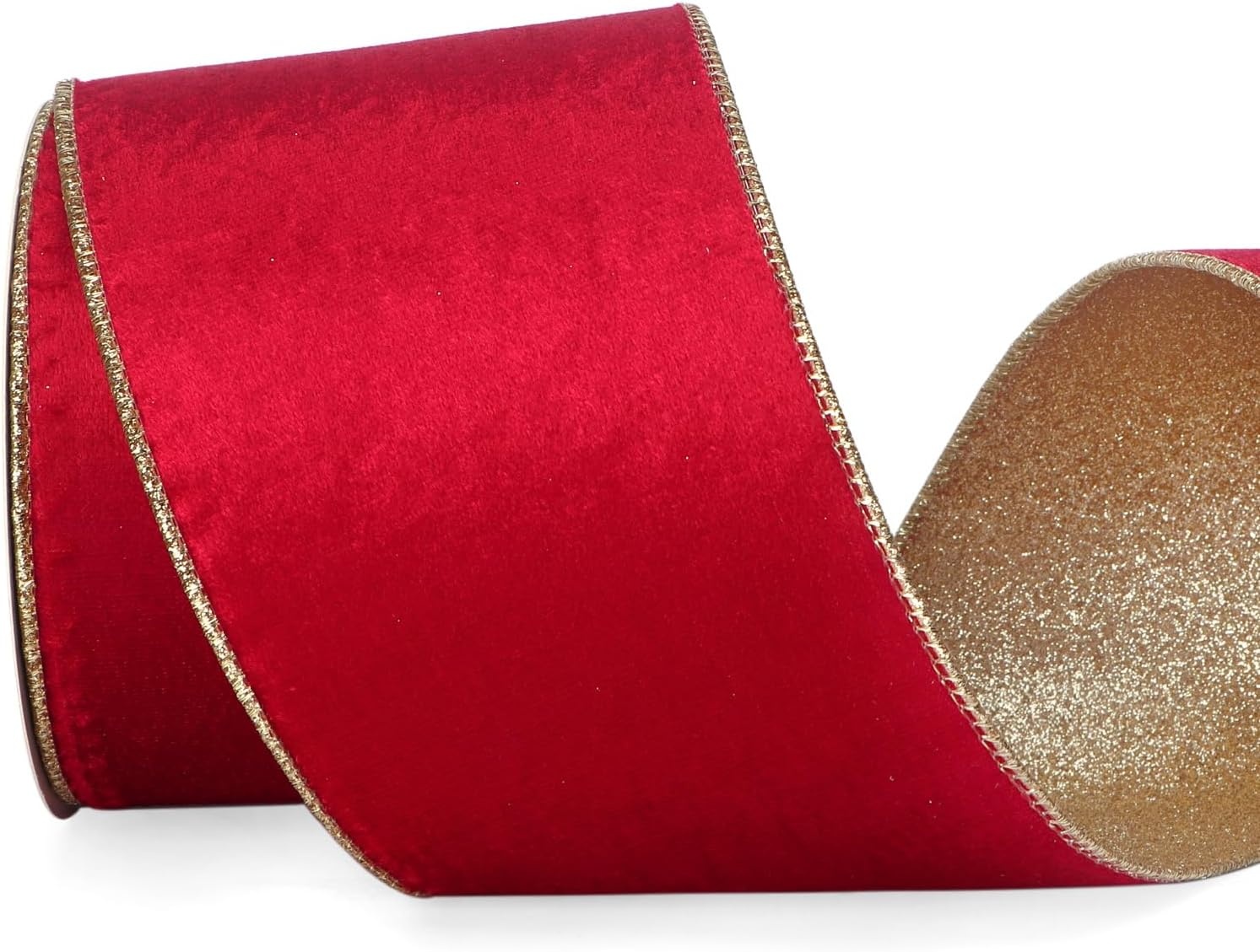 Ribbli Light Champagne Velvet Wired Ribbon 4 Inch Ivory Velvet with Champagne Glitter Christmas Ribbon for Christmas Tree Decoration Big Bow Gift Wrapping Crafts Wreaths Supplies- 10 Yards(Red&Gold)