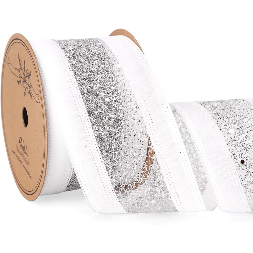 Ribbli Ivoy Wired Ribbon Ivory Satin with Champagne Gold Glitter Mesh 2.5 Inch Christmas Ribbon for Tree Gift Wrapping Wreaths Garland Topper Bows Crafts Home Decor -10 Yards(White/Silver)