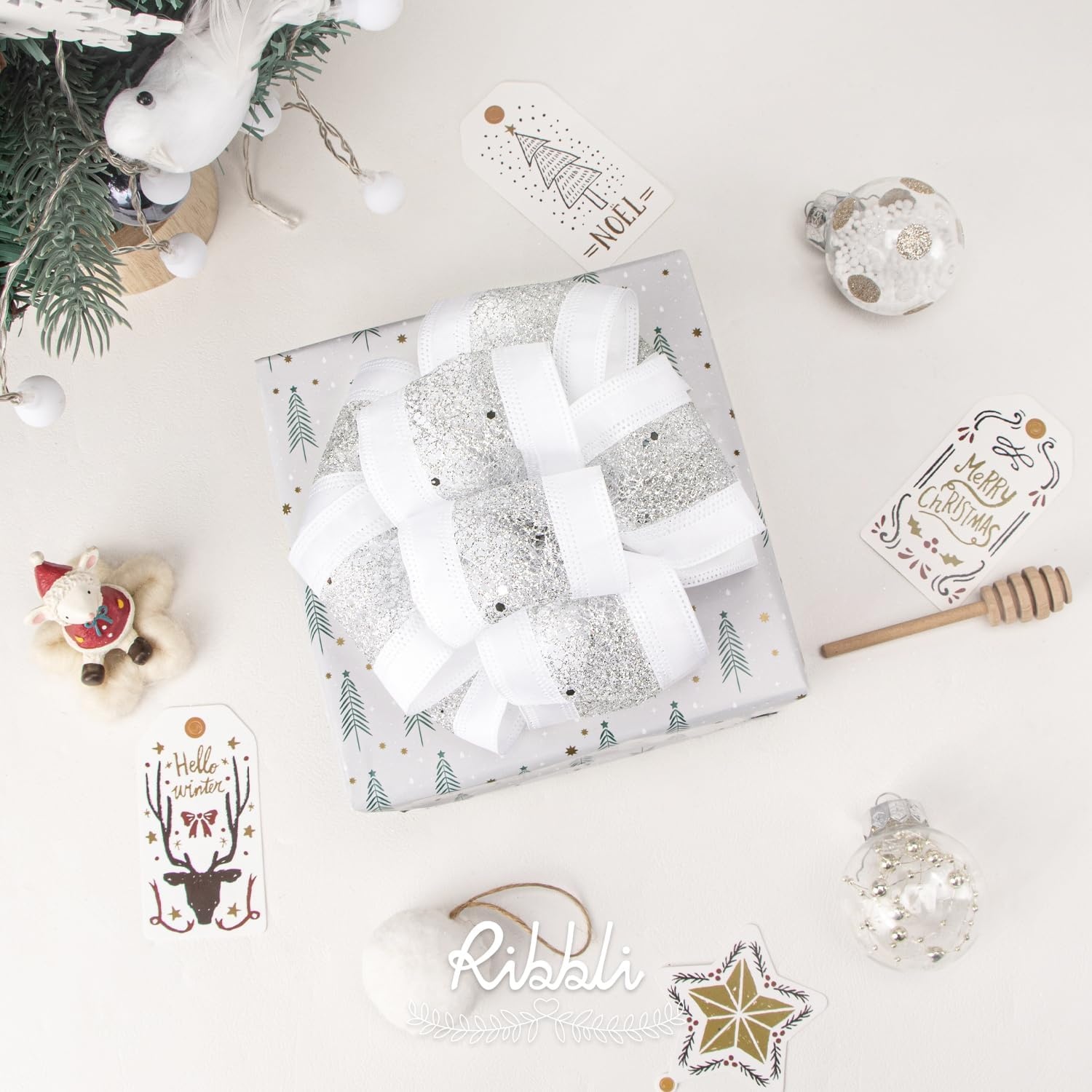 Ribbli Ivoy Wired Ribbon Ivory Satin with Champagne Gold Glitter Mesh 2.5 Inch Christmas Ribbon for Tree Gift Wrapping Wreaths Garland Topper Bows Crafts Home Decor -10 Yards(White/Silver)