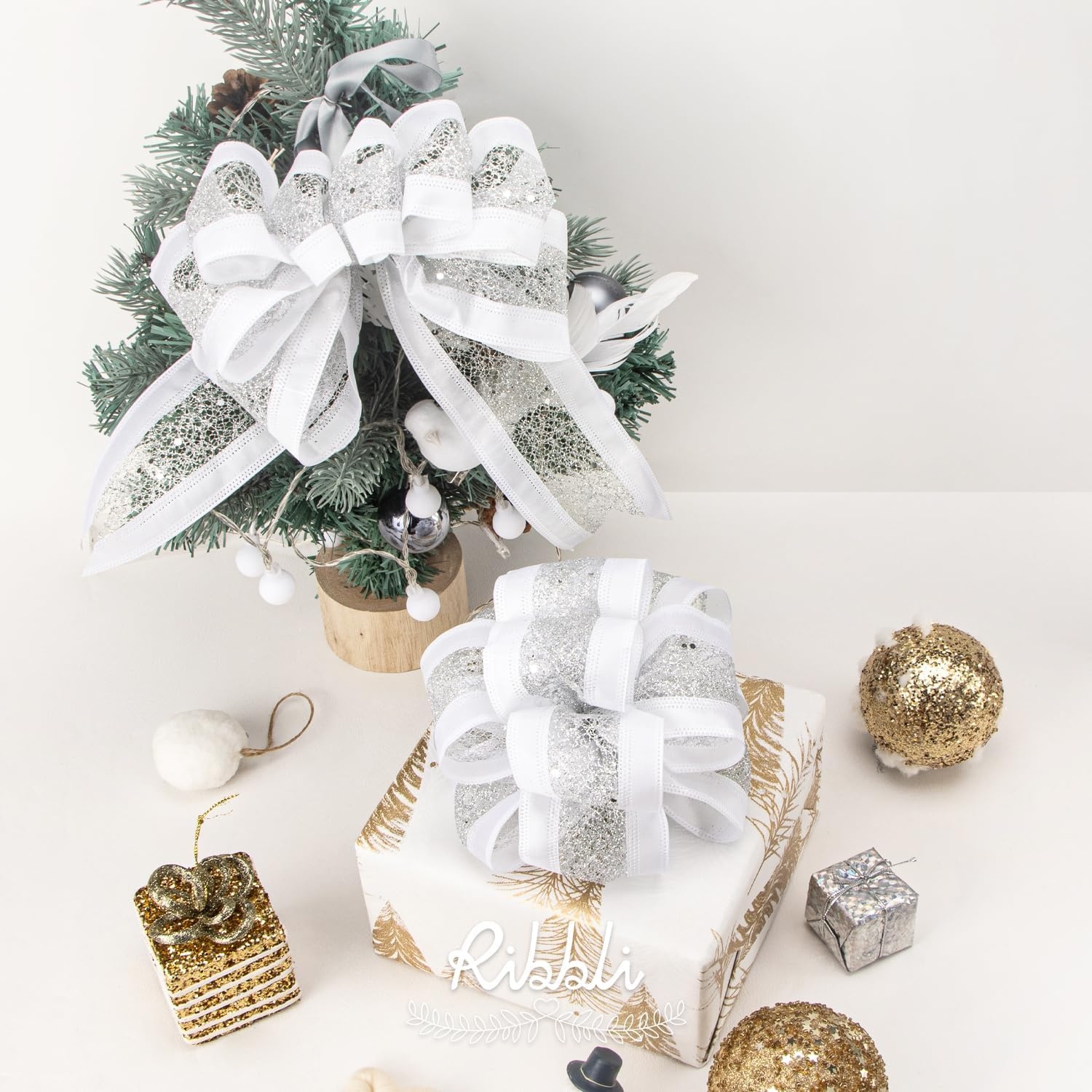 Ribbli Ivoy Wired Ribbon Ivory Satin with Champagne Gold Glitter Mesh 2.5 Inch Christmas Ribbon for Tree Gift Wrapping Wreaths Garland Topper Bows Crafts Home Decor -10 Yards(White/Silver)