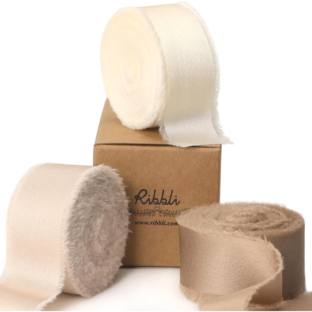 Ribbli Terracotta Silk Satin Ribbon 1.5 Inch x 30 Yard Handmade Frayed Chiffon Burnt Orange Ribbon for Gift Wrapping Wedding Invitations Bridal Bouquets Home Decor(Ivory/Lt.Champagne/Champagne)