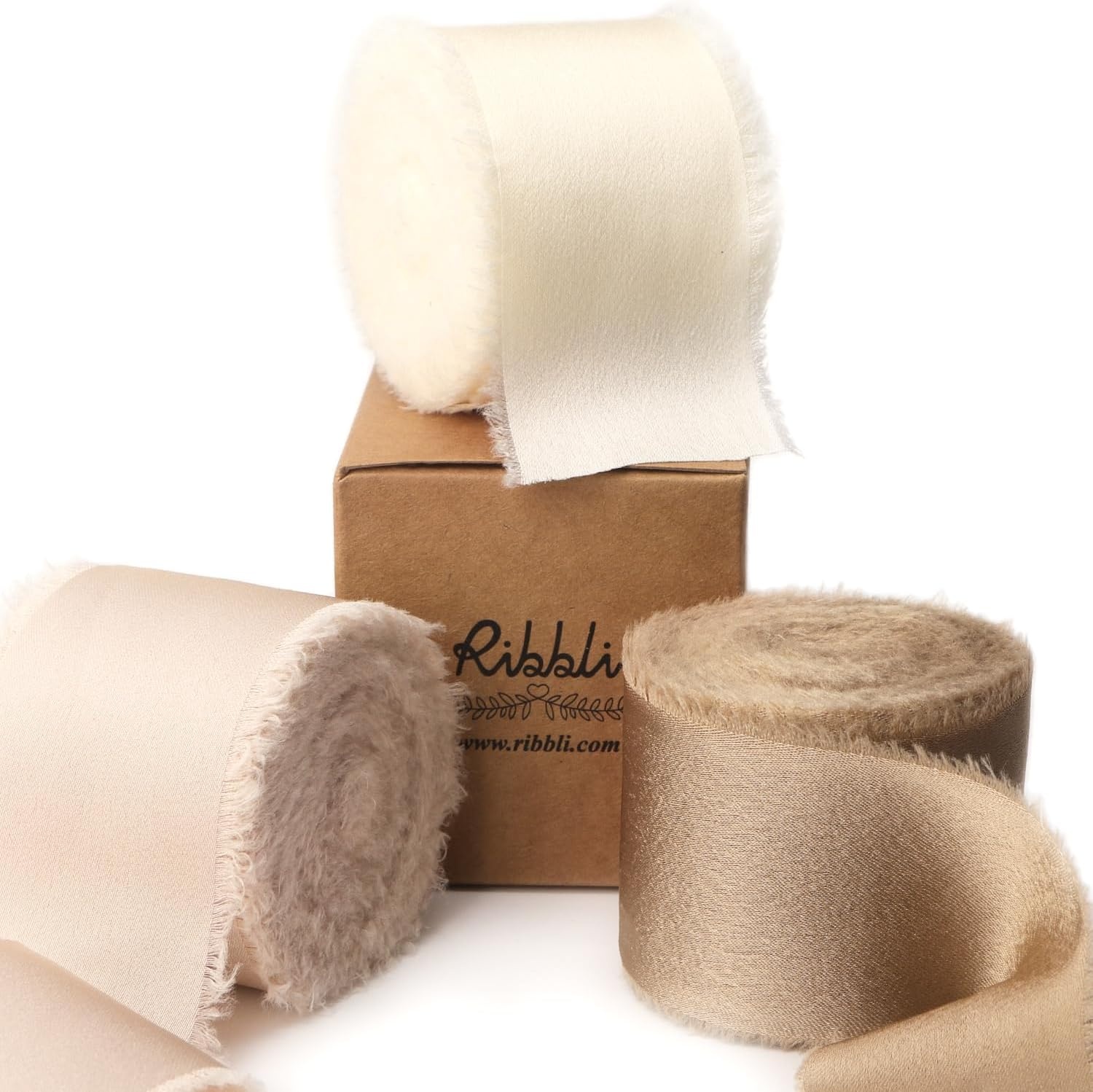 Ribbli Terracotta Silk Satin Ribbon 1.5 Inch x 30 Yard Handmade Frayed Chiffon Burnt Orange Ribbon for Gift Wrapping Wedding Invitations Bridal Bouquets Home Decor(Ivory/Lt.Champagne/Champagne)