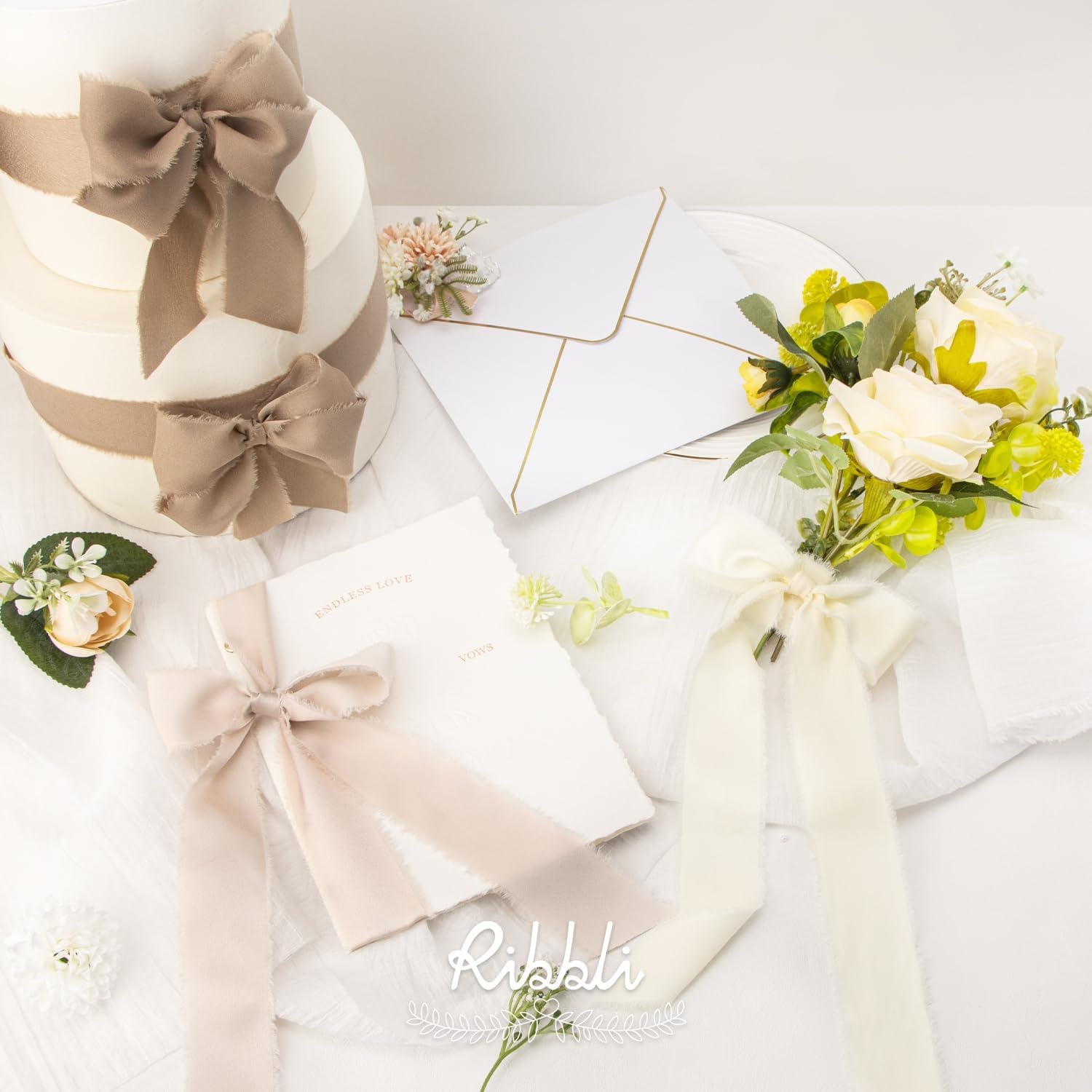 Ribbli Terracotta Silk Satin Ribbon 1.5 Inch x 30 Yard Handmade Frayed Chiffon Burnt Orange Ribbon for Gift Wrapping Wedding Invitations Bridal Bouquets Home Decor(Ivory/Lt.Champagne/Champagne)