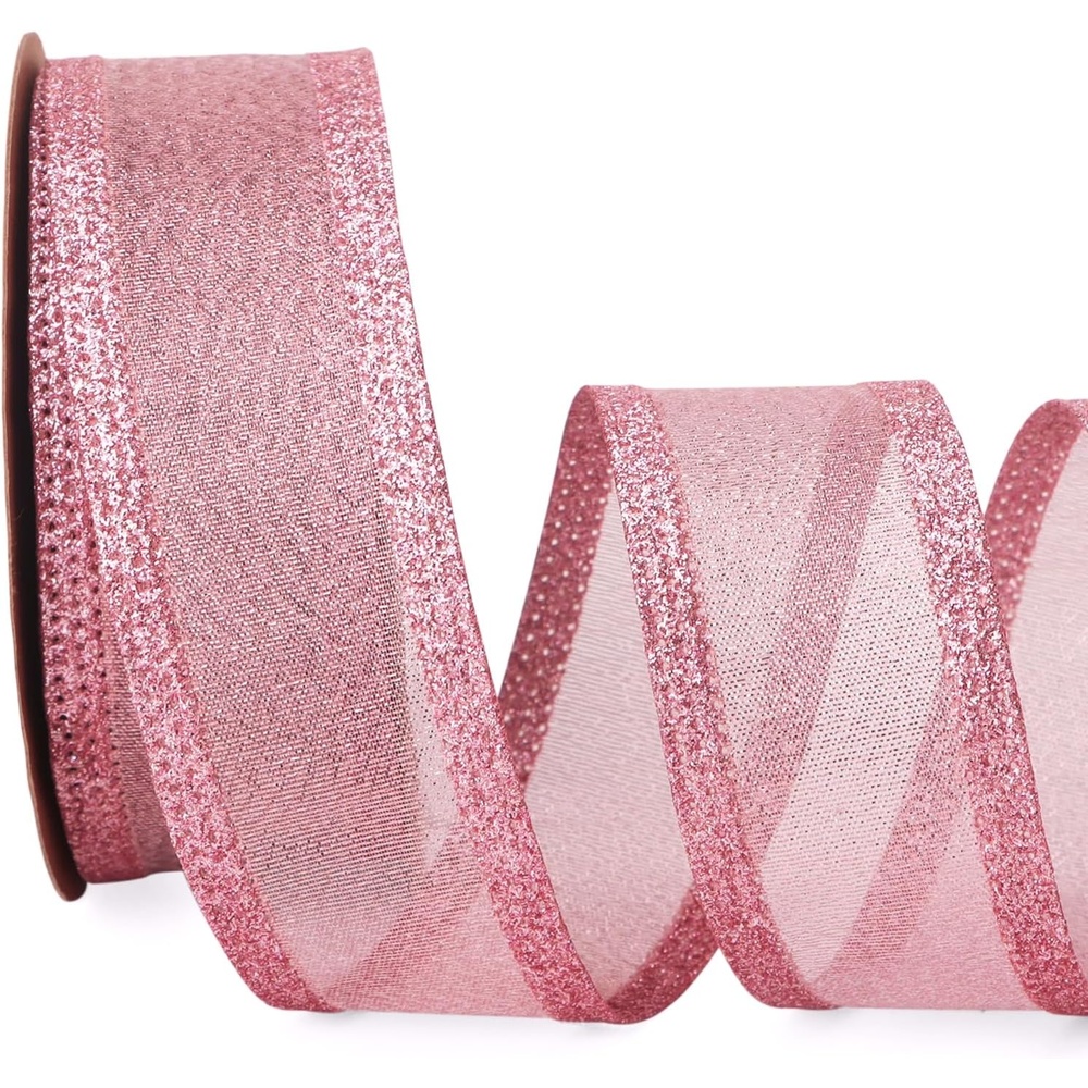 Ribbli Pink Christmas Wired Ribbon, Metallic Wired Ribbon with Glitter Edge 1-1/2 Inch x 10 Yard for Christmas Tree Decoration, Gift Wrapping, Wreaths Supplies, Swag, Holiday Decor(Pink)