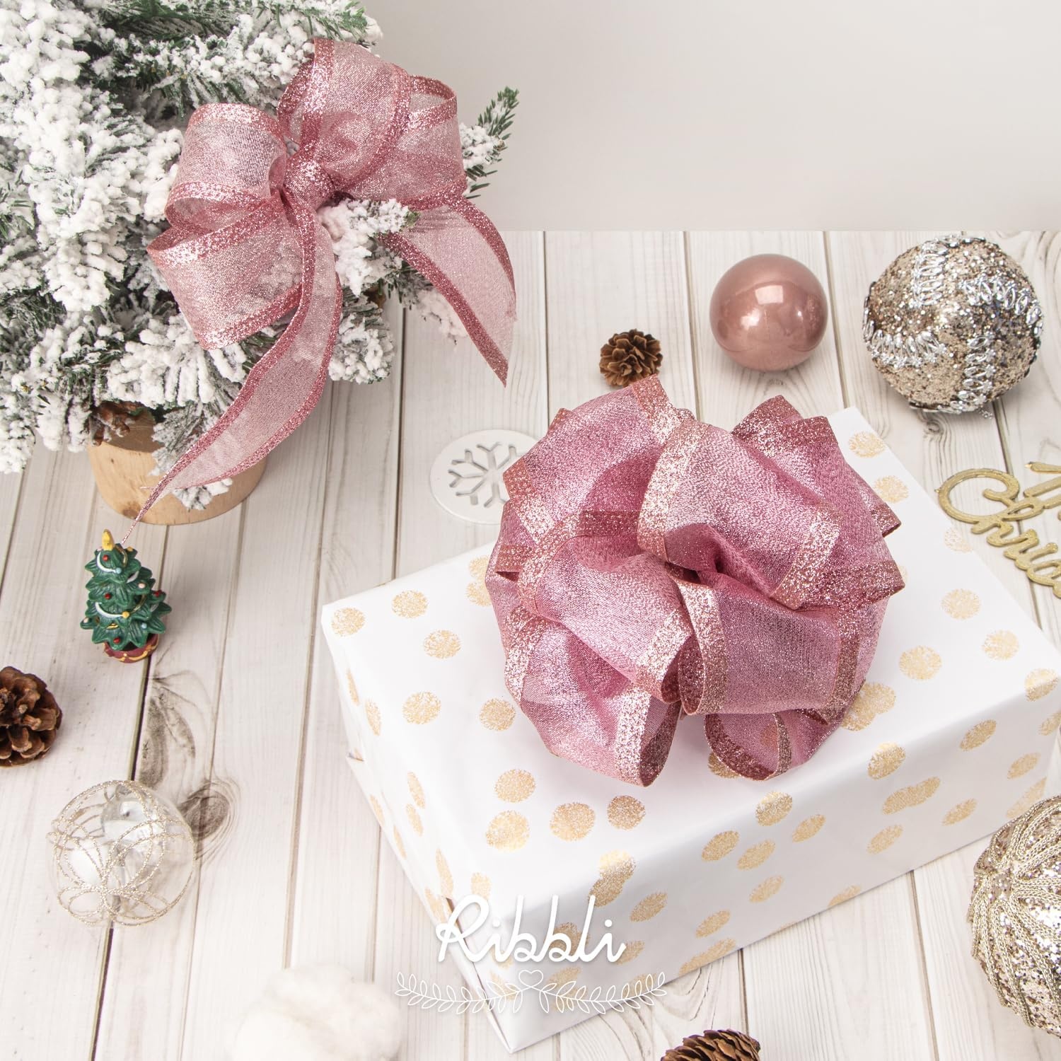 Ribbli Pink Christmas Wired Ribbon, Metallic Wired Ribbon with Glitter Edge 1-1/2 Inch x 10 Yard for Christmas Tree Decoration, Gift Wrapping, Wreaths Supplies, Swag, Holiday Decor(Pink)