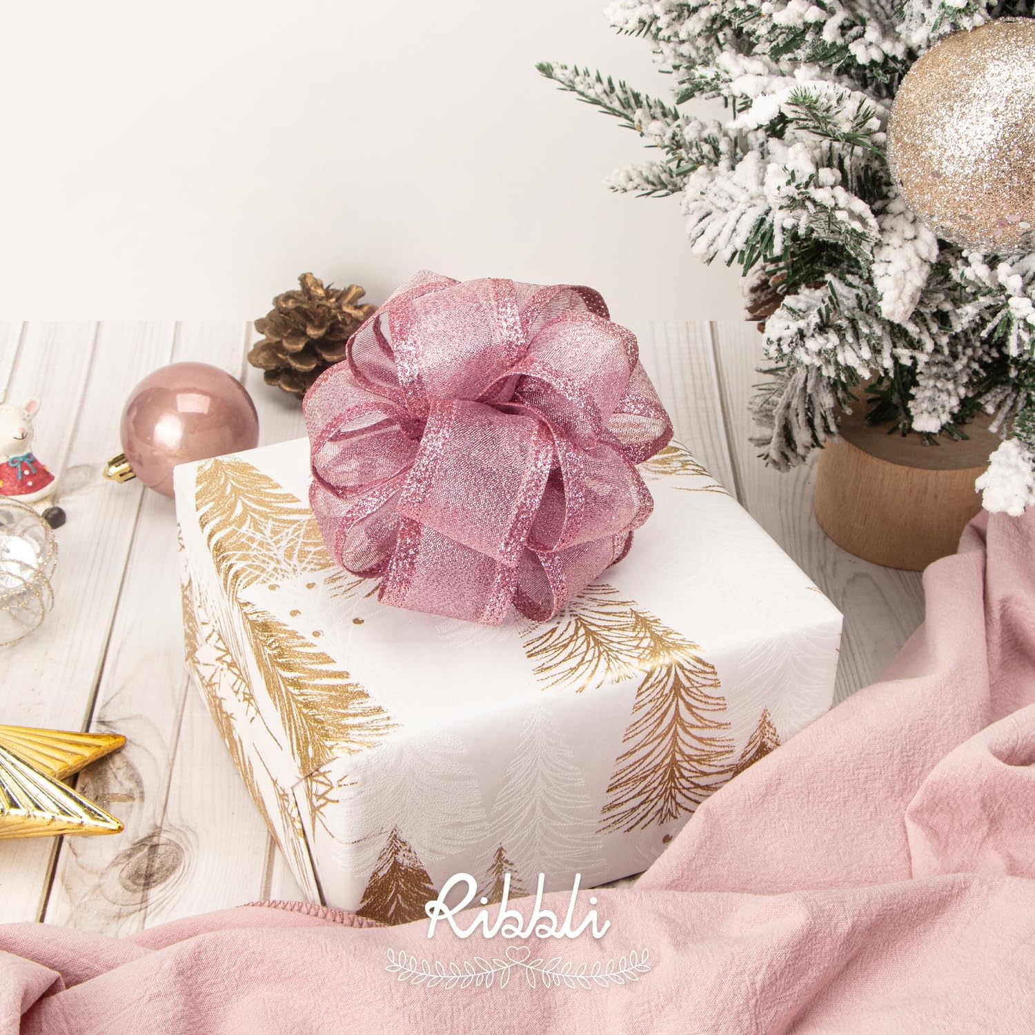 Ribbli Pink Christmas Wired Ribbon, Metallic Wired Ribbon with Glitter Edge 1-1/2 Inch x 10 Yard for Christmas Tree Decoration, Gift Wrapping, Wreaths Supplies, Swag, Holiday Decor(Pink)