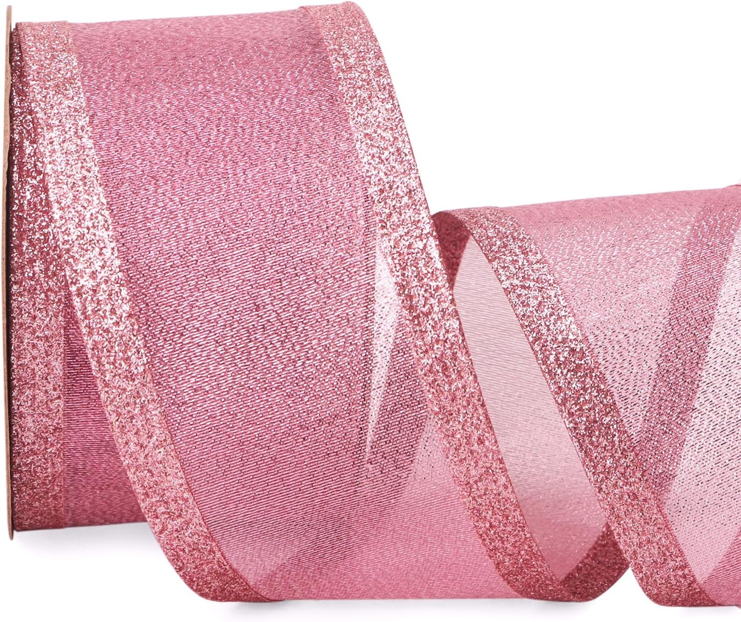 Ribbli Pink Christmas Wired Ribbon, Metallic Wired Ribbon with Glitter Edge 1-1/2 Inch x 10 Yard for Christmas Tree Decoration, Gift Wrapping, Wreaths Supplies, Swag, Holiday Decor(Pink)