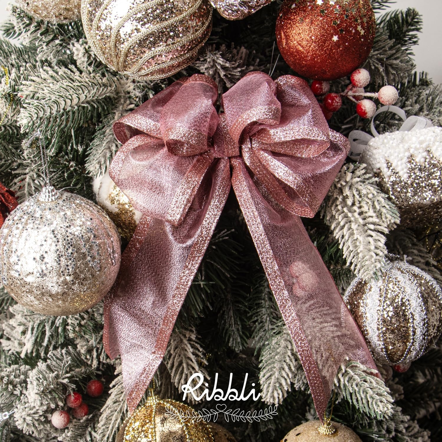 Ribbli Pink Christmas Wired Ribbon, Metallic Wired Ribbon with Glitter Edge 1-1/2 Inch x 10 Yard for Christmas Tree Decoration, Gift Wrapping, Wreaths Supplies, Swag, Holiday Decor(Pink)