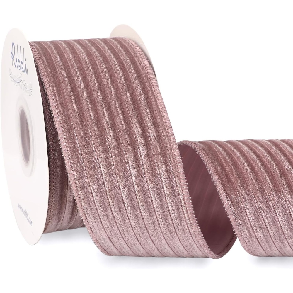 Ribbli Glossy Dusty Green Velvet Wired Ribbon 2.5 Inch Striped Velvet Christmas Ribbon for Gift Wrapping Christmas Tree Decoration Crafts Wreaths Supplies-Continuous 10 Yards(Dusty Pink)