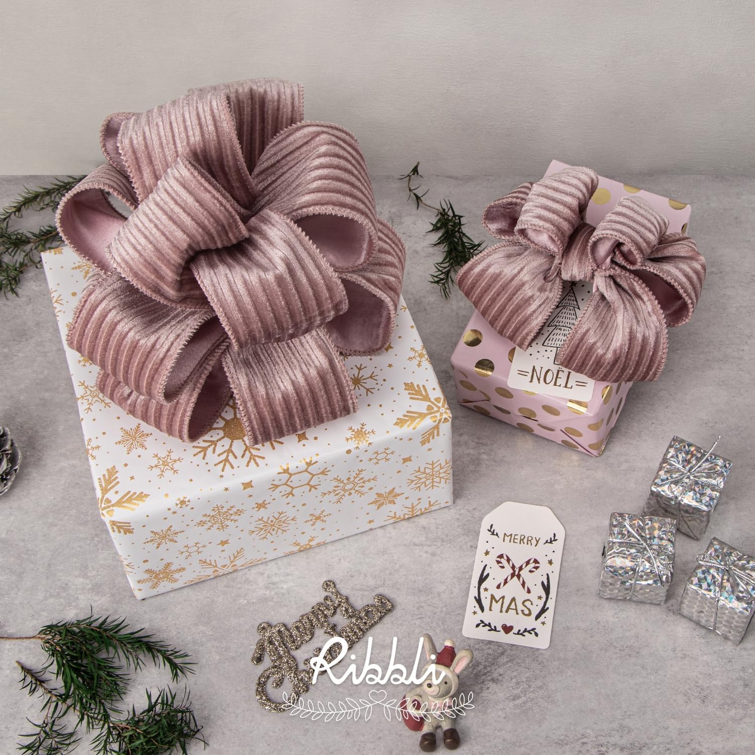 Ribbli Glossy Dusty Green Velvet Wired Ribbon 2.5 Inch Striped Velvet Christmas Ribbon for Gift Wrapping Christmas Tree Decoration Crafts Wreaths Supplies-Continuous 10 Yards(Dusty Pink)