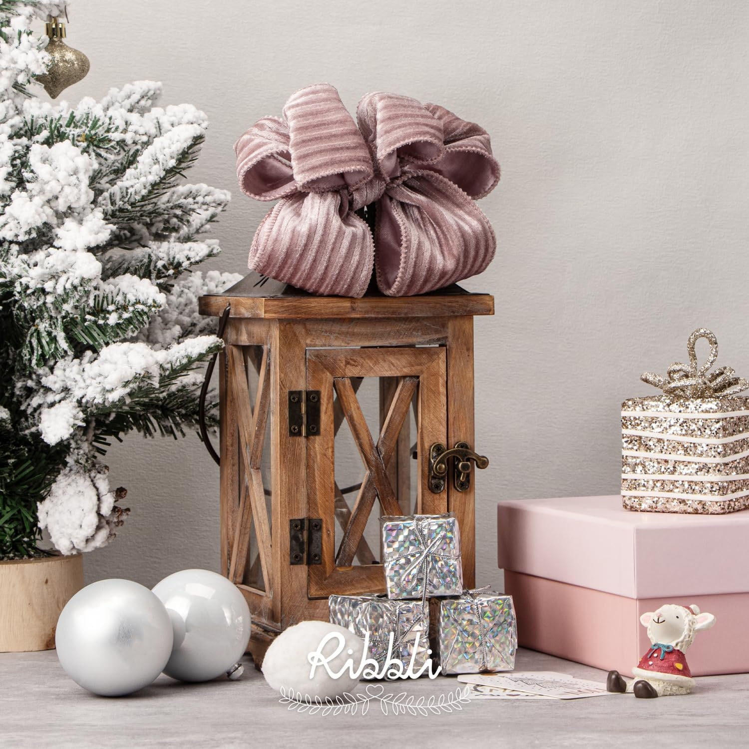 Ribbli Glossy Dusty Green Velvet Wired Ribbon 2.5 Inch Striped Velvet Christmas Ribbon for Gift Wrapping Christmas Tree Decoration Crafts Wreaths Supplies-Continuous 10 Yards(Dusty Pink)